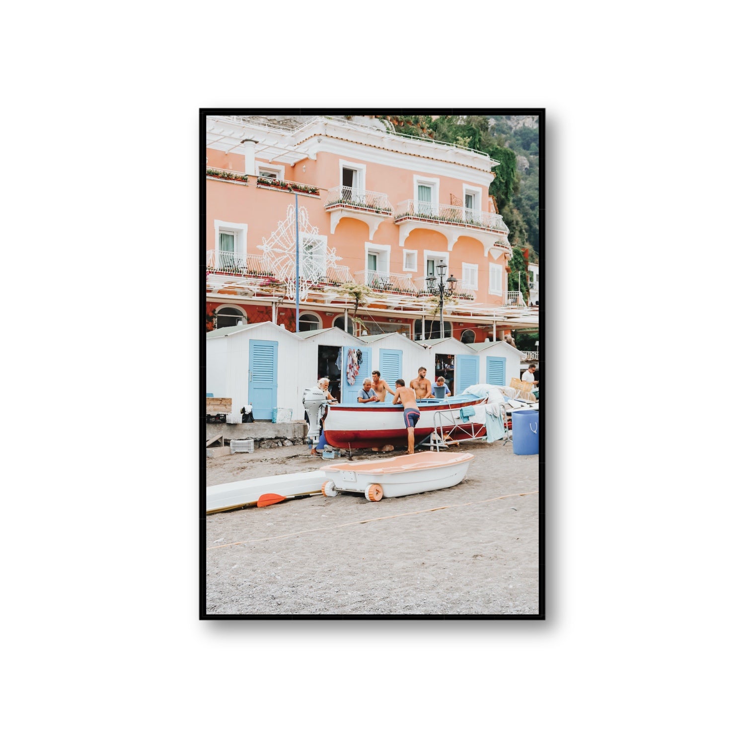 La Riunione della Mattina fine art print, Positano, Italy, Giant, Black Float Frame, Fine Art Canvas
