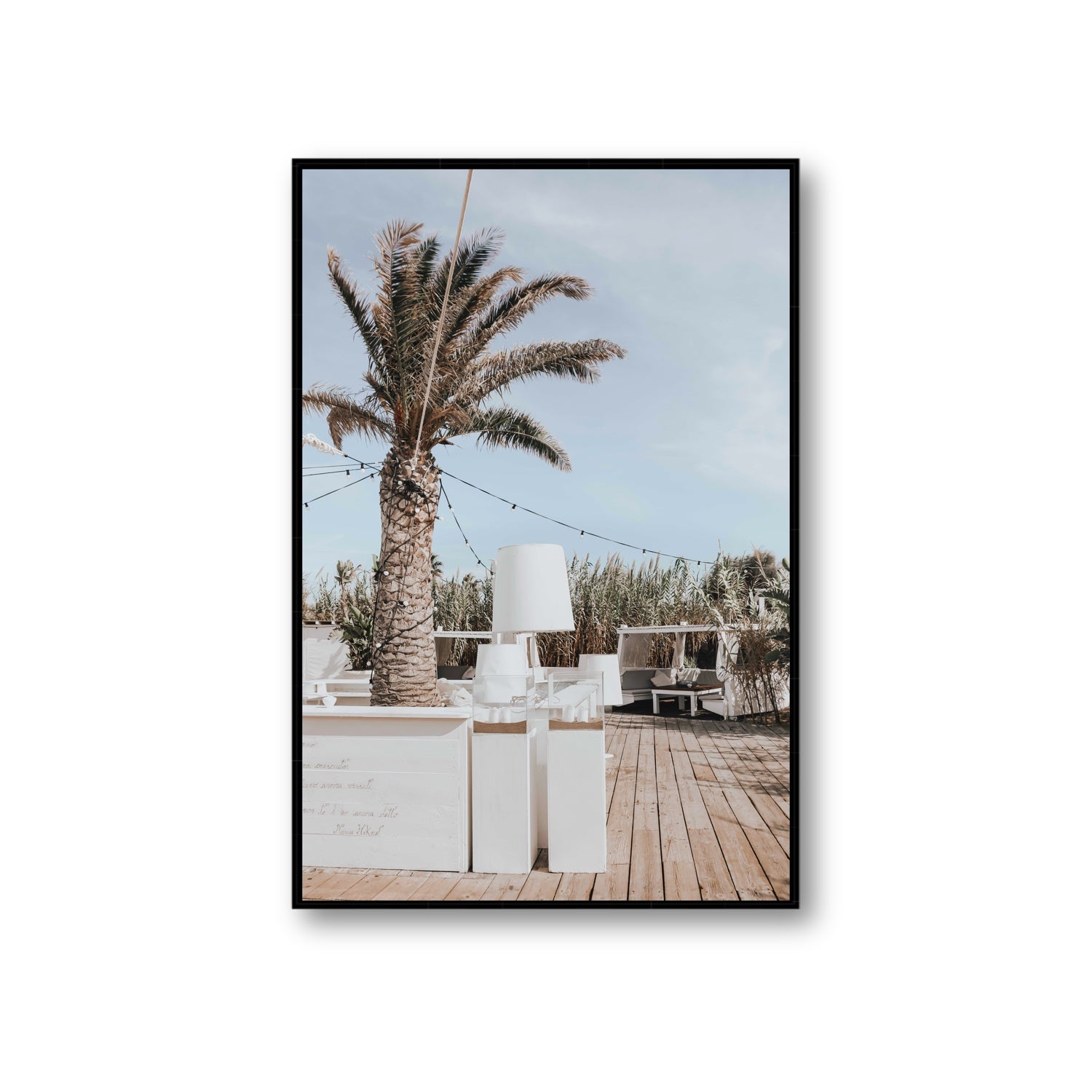 Seabreeze Palm Puglia coastal beach wall art Giant fine art canvas in black float frame