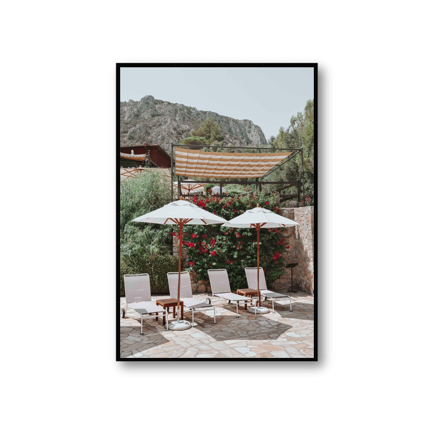 Shades of Leisure Tuscany coastal Italian wall art Giant fine art canvas in black float frame