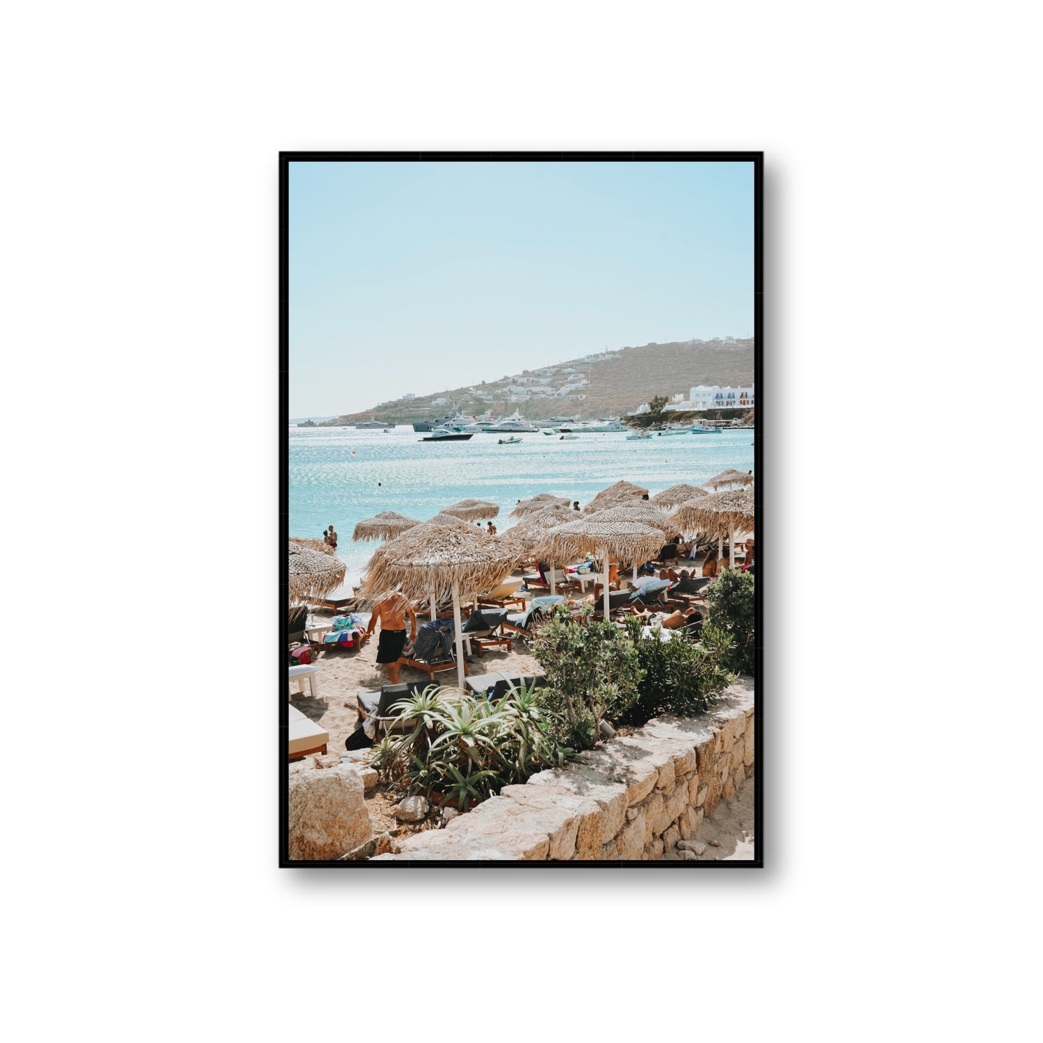 Beachside Huts Mykonos Greek island wall art Giant fine art canvas in black float frame