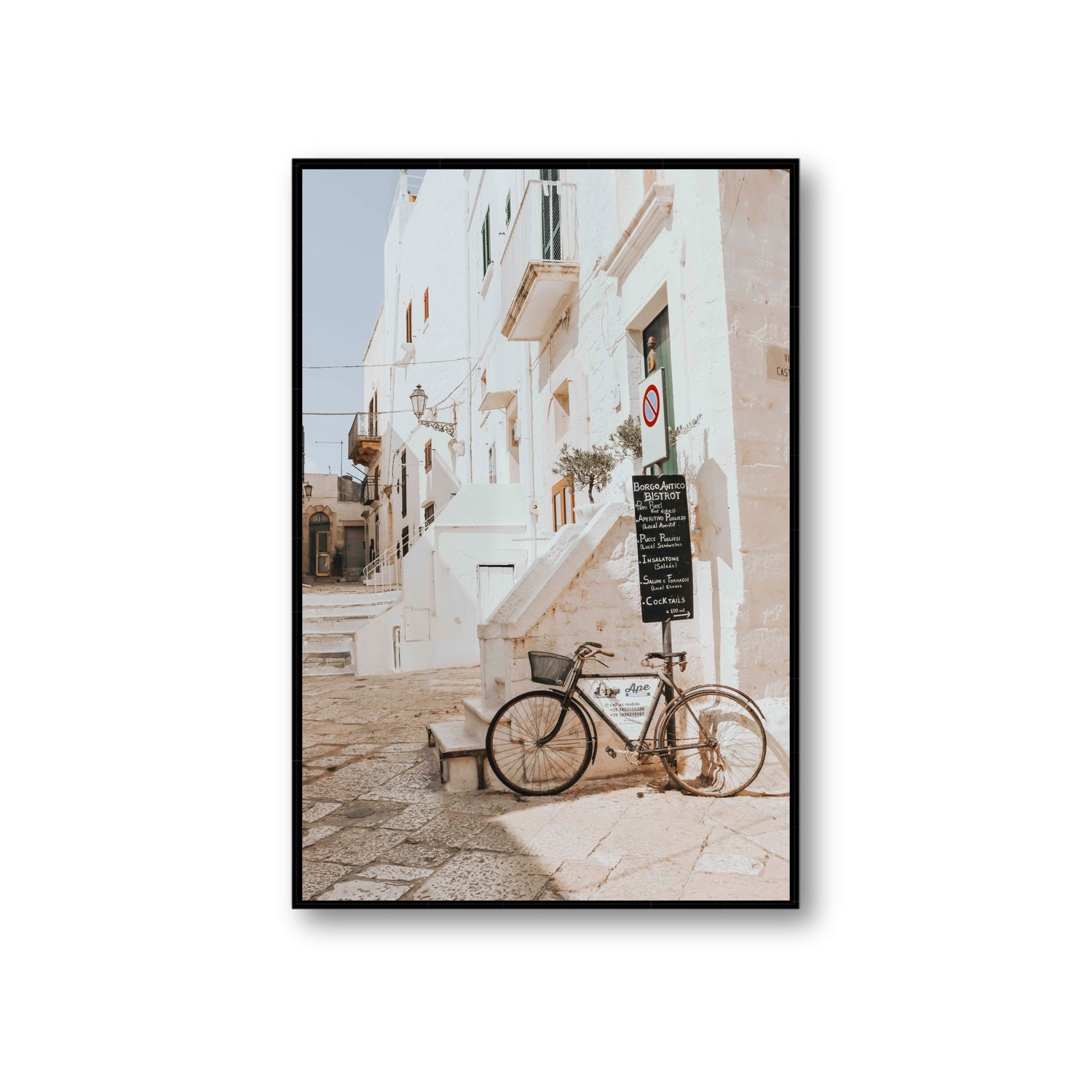 La Bicicletta Puglia Ostuni wall art Giant fine art canvas in black float frame
