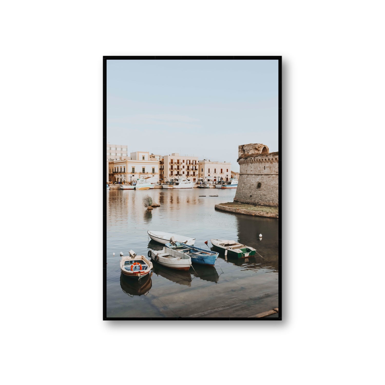 Gallipoli Harbour Puglia coastal wall art Giant fine art canvas in black float frame