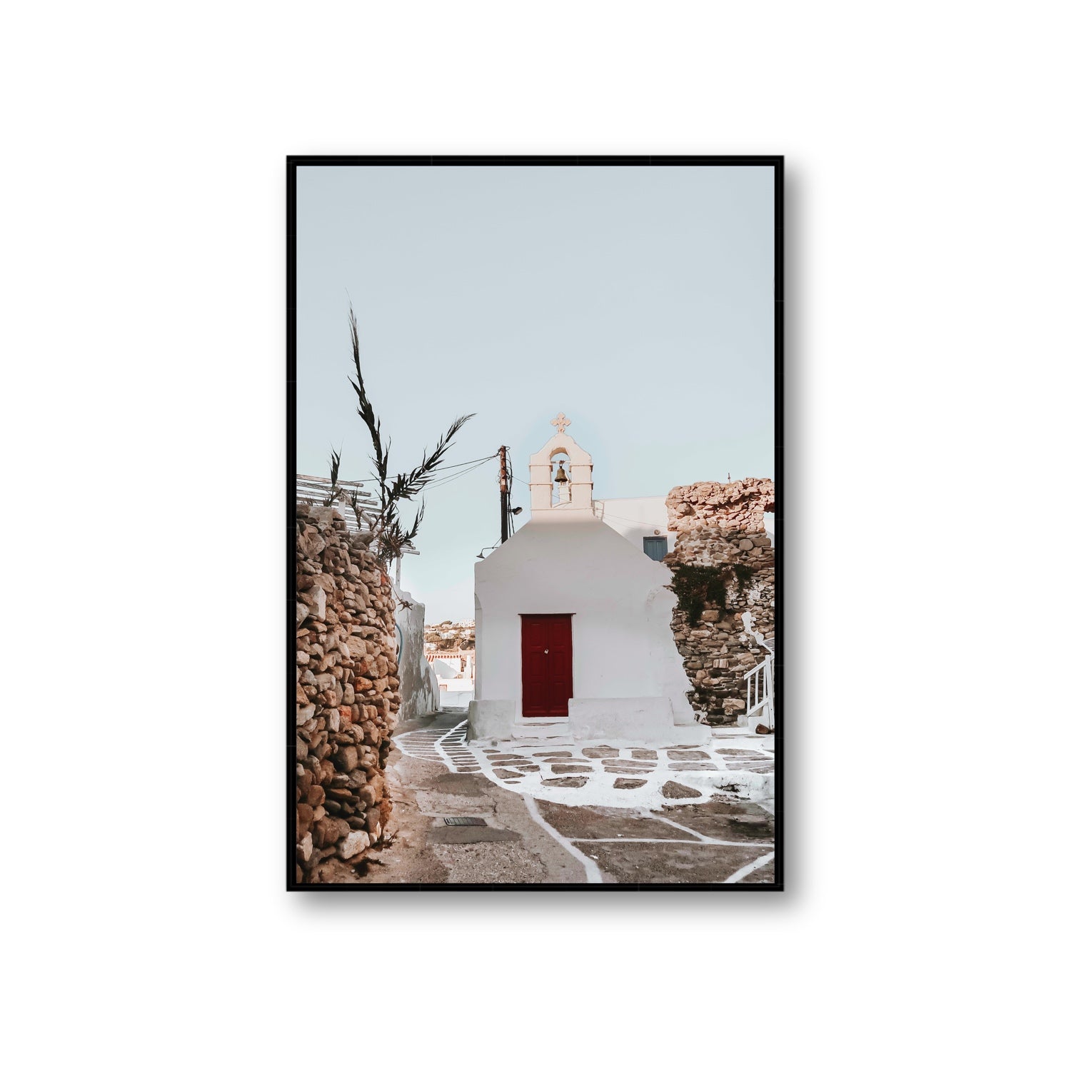 Little Chapel Mykonos Greek island wall art Giant fine art canvas in black float frame