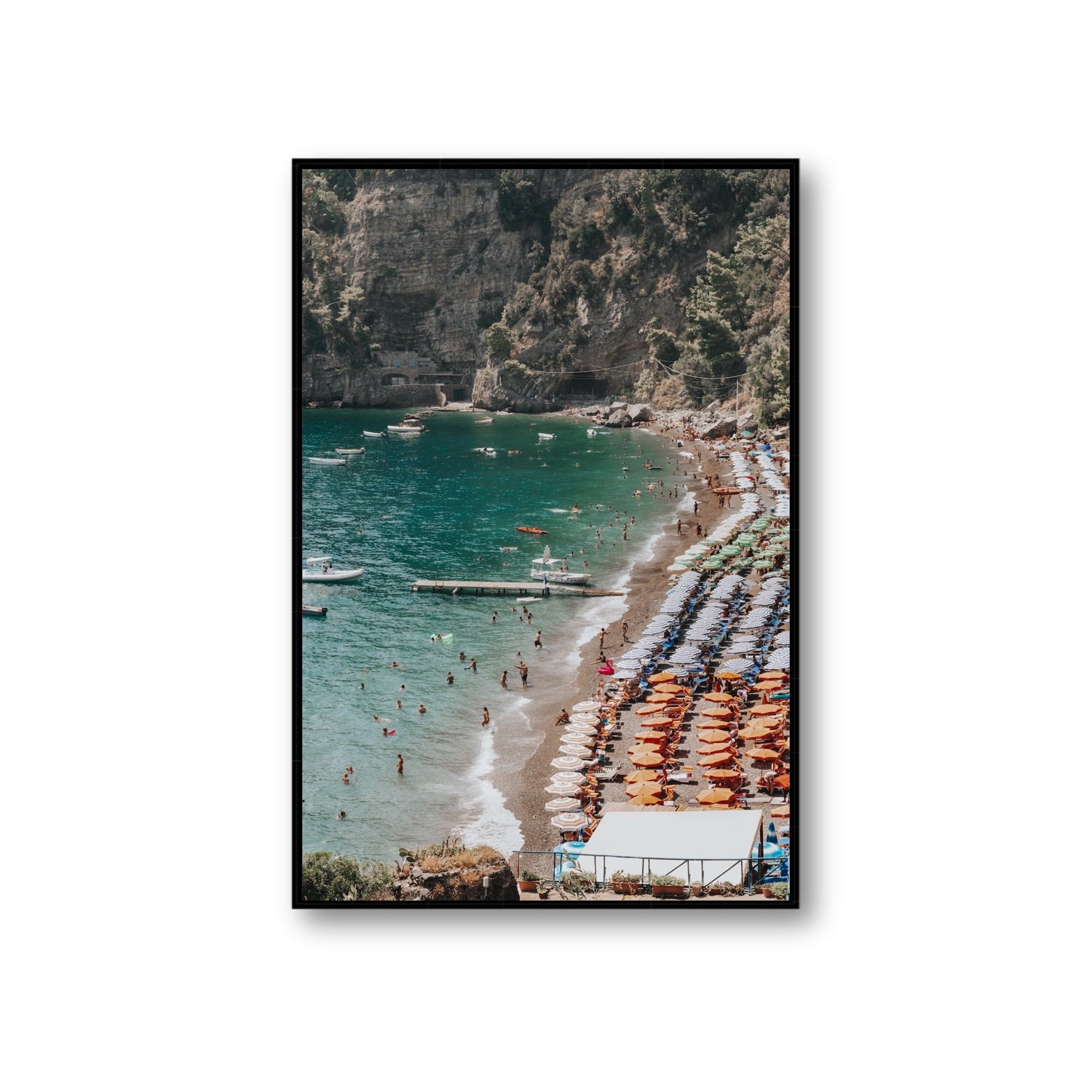 Parasol Panorama fine art print, Positano, Italy, Giant, Black Float Frame, Fine Art Canvas