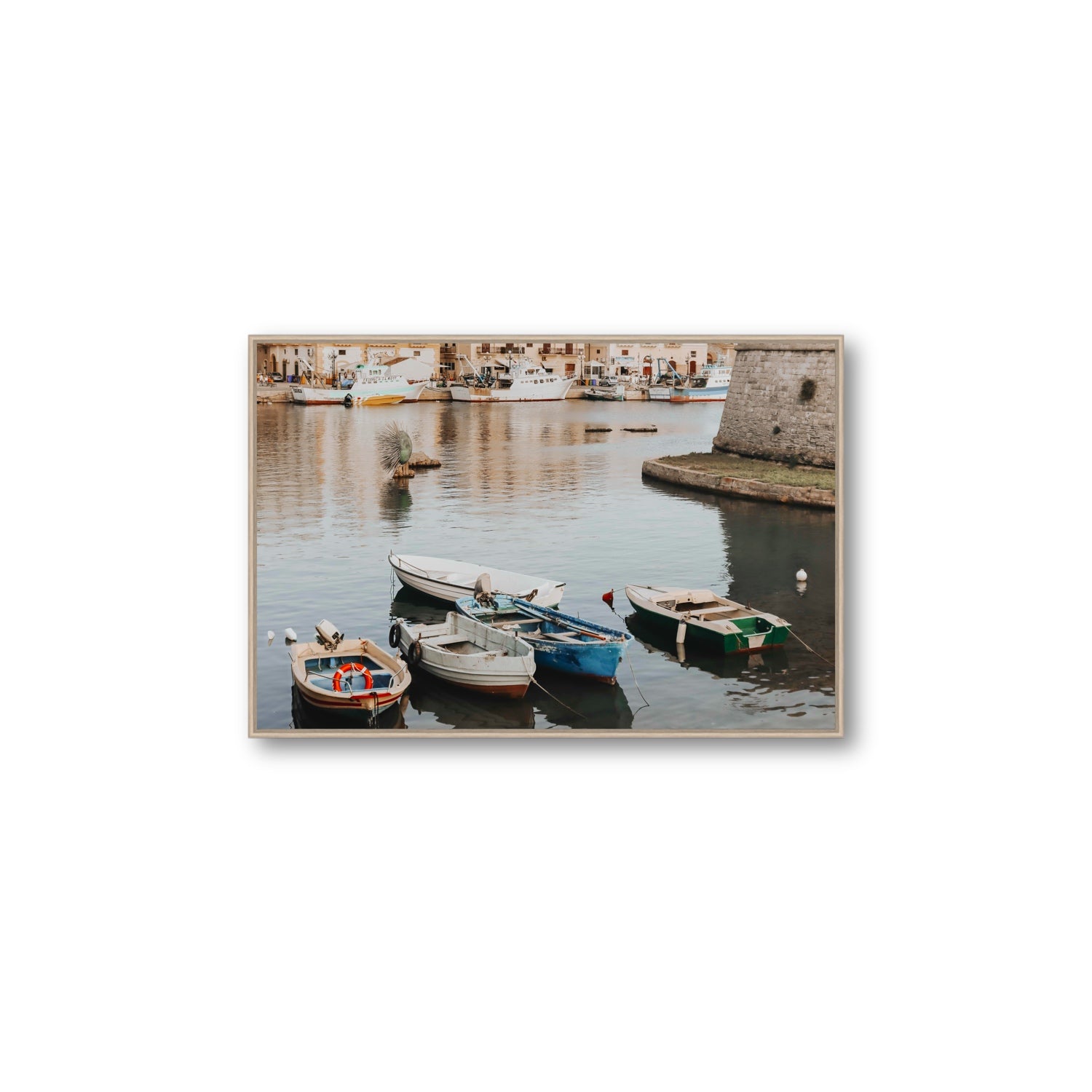 Cinque Barche Puglia Gallipoli Italian art print Large fine art canvas in natural oak float frame