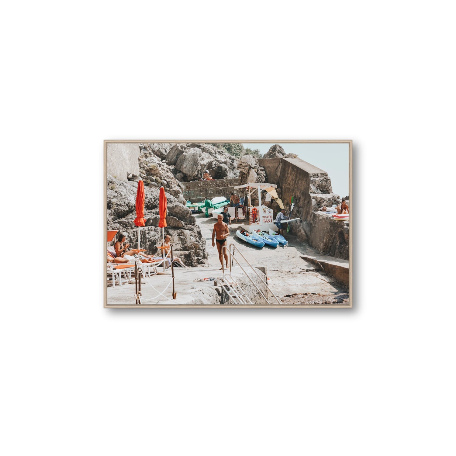 The Local Praiano Amalfi Coast Mediterranean wall art Large fine art canvas in natural oak float frame