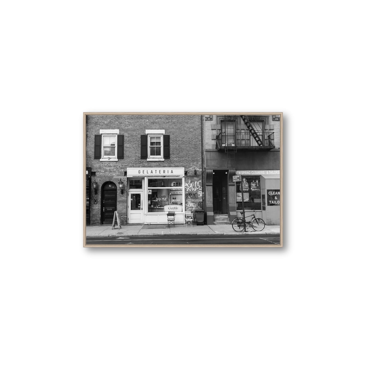 West Village Dolcezza New York NYC Black & White wall art Large fine art canvas in natural oak float frame