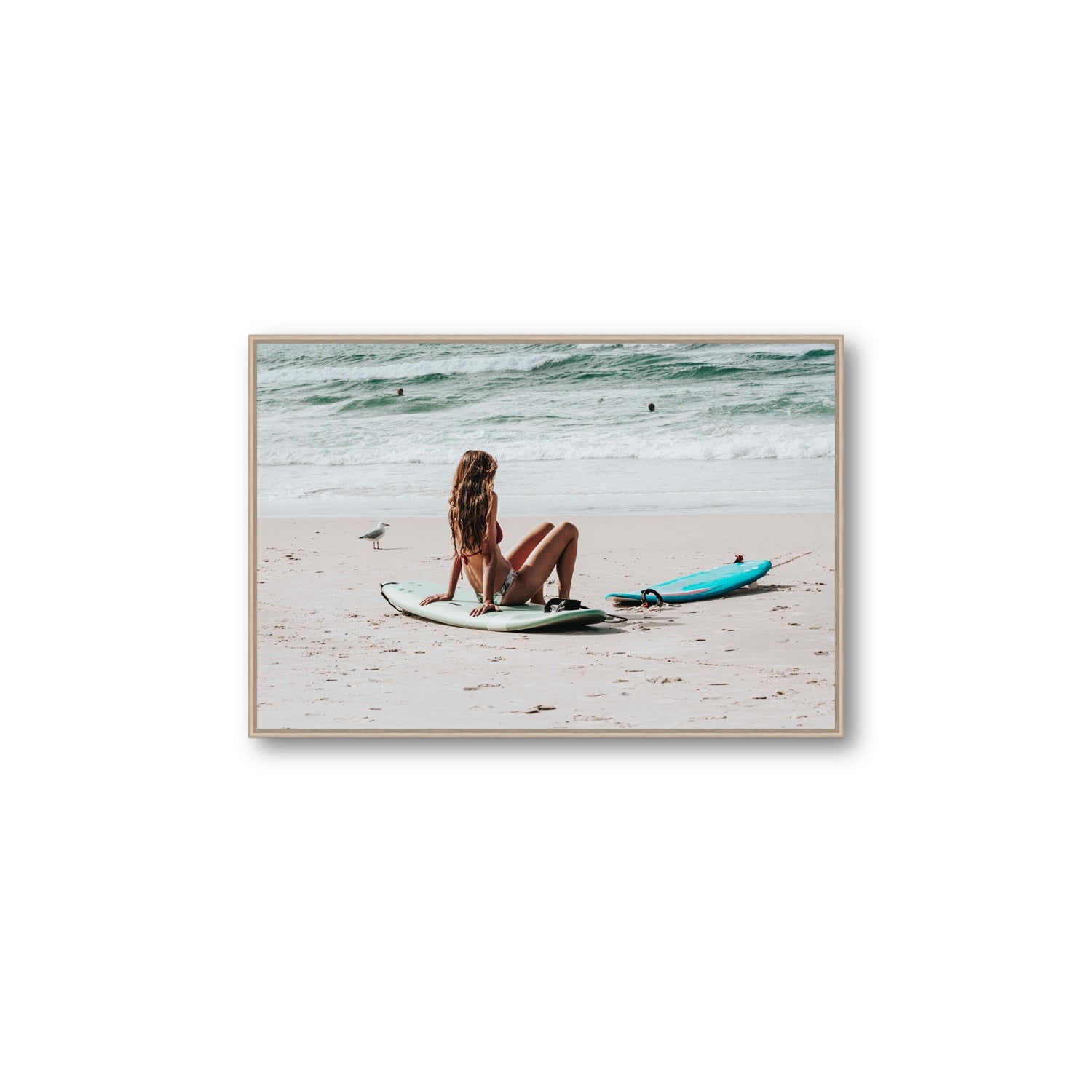 Ciao Bella Byron Bay Surf coastal wall art Large fine art canvas in natural oak float frame