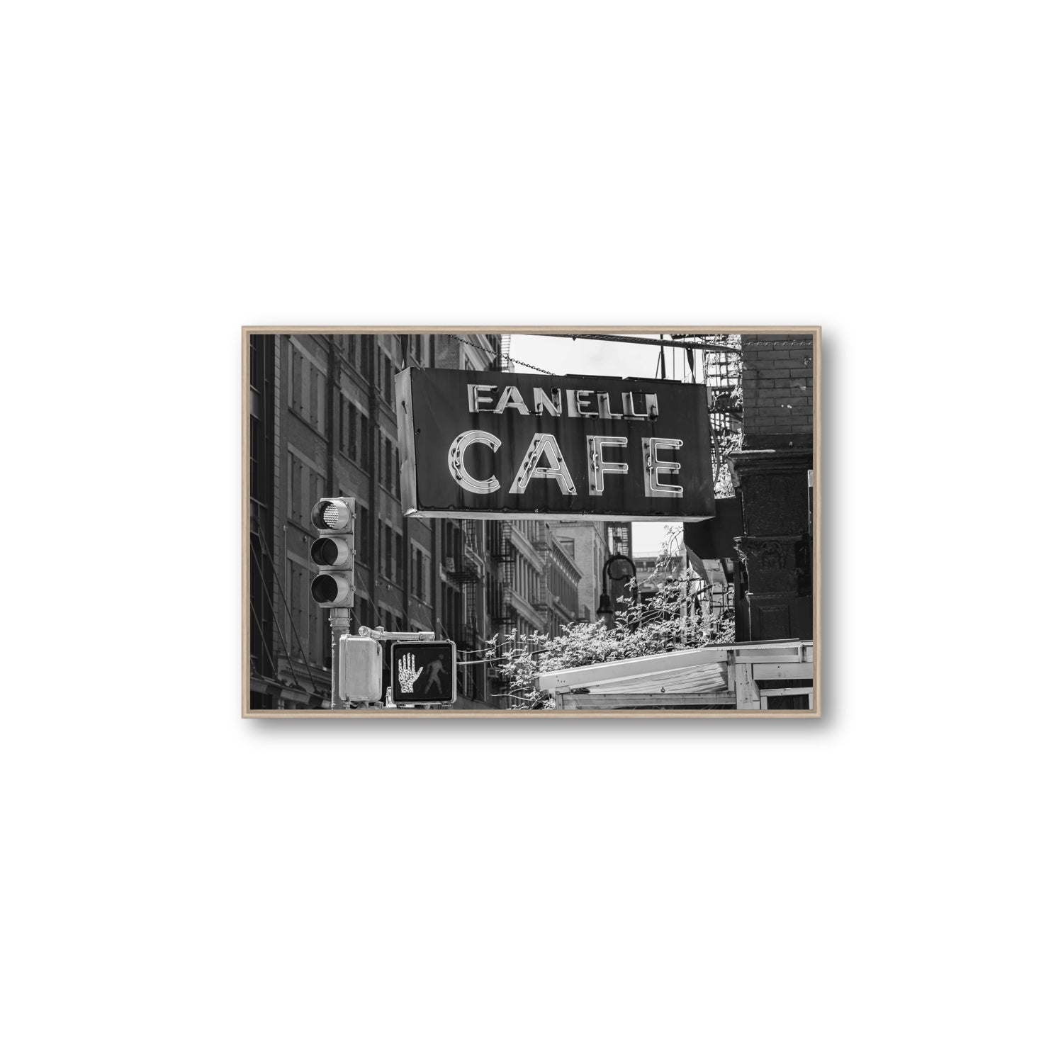 Soho Neon New York NYC Black & White wall art Large fine art canvas in natural oak float frame