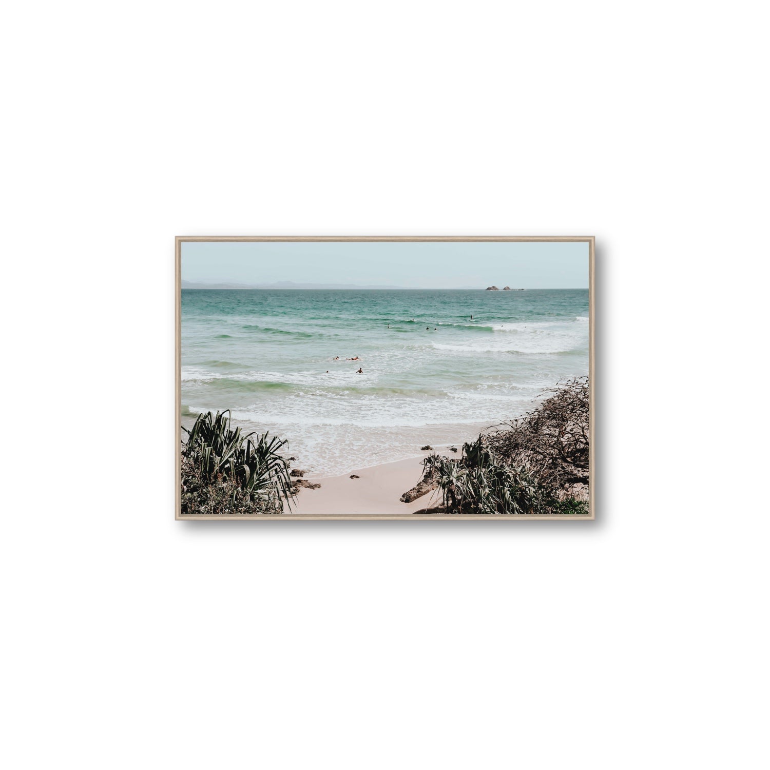 Surf City Byron Bay Surf coastal wall art Large fine art canvas in natural oak float frame