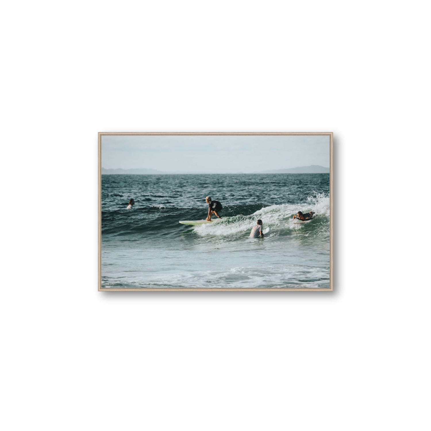The Boys of Summer Byron Bay Surf coastal wall art Large fine art canvas in natural oak float frame