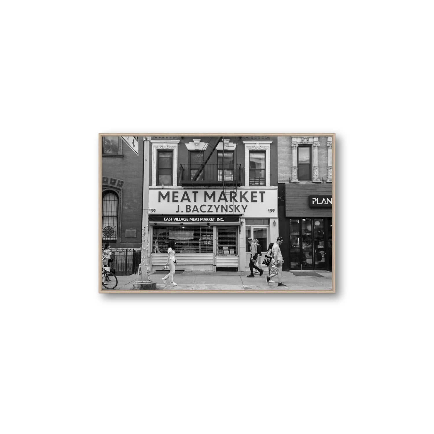 Meat District New York NYC Black & White wall art Large fine art canvas in natural oak float frame