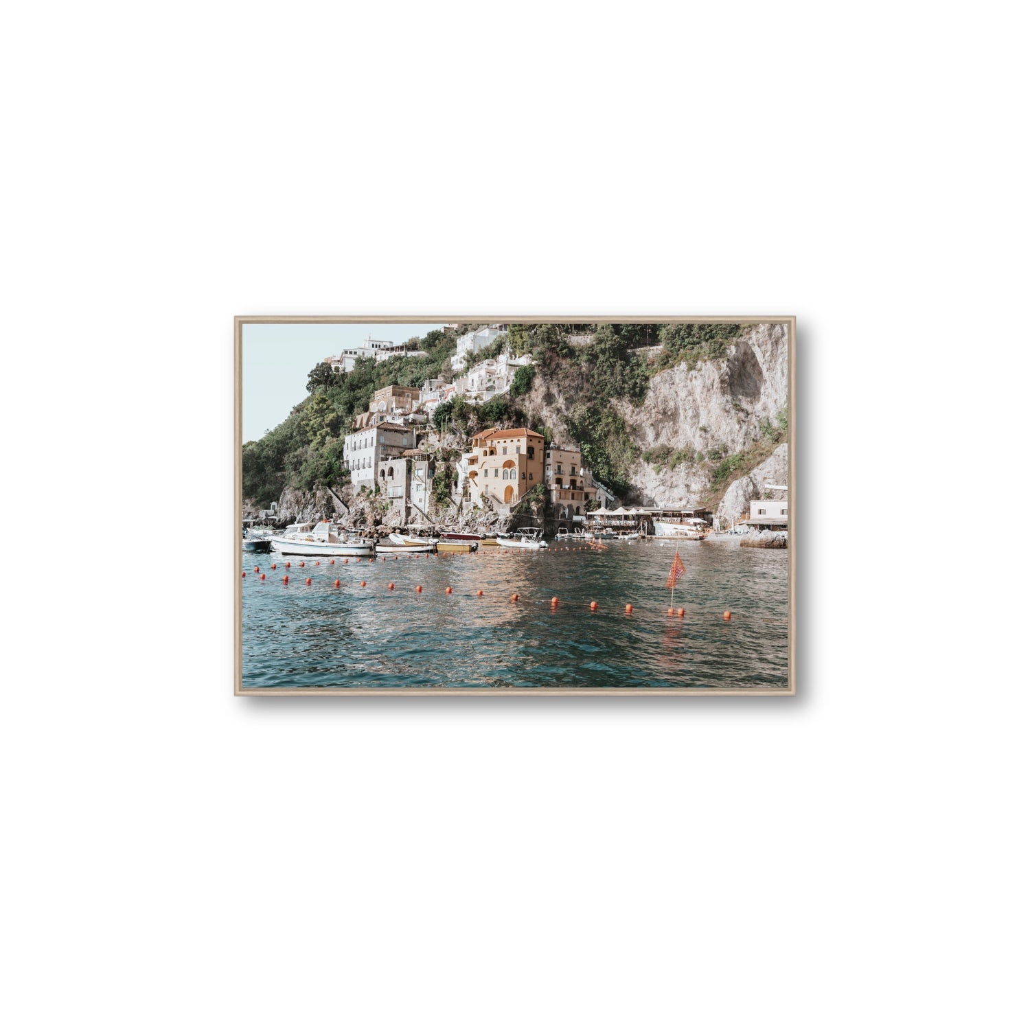 Amalfi Villas fine art print, Amalfi, Italy, coastal scenes artwork, Large, Natural Oak Float Frame, Fine Art Canvas
