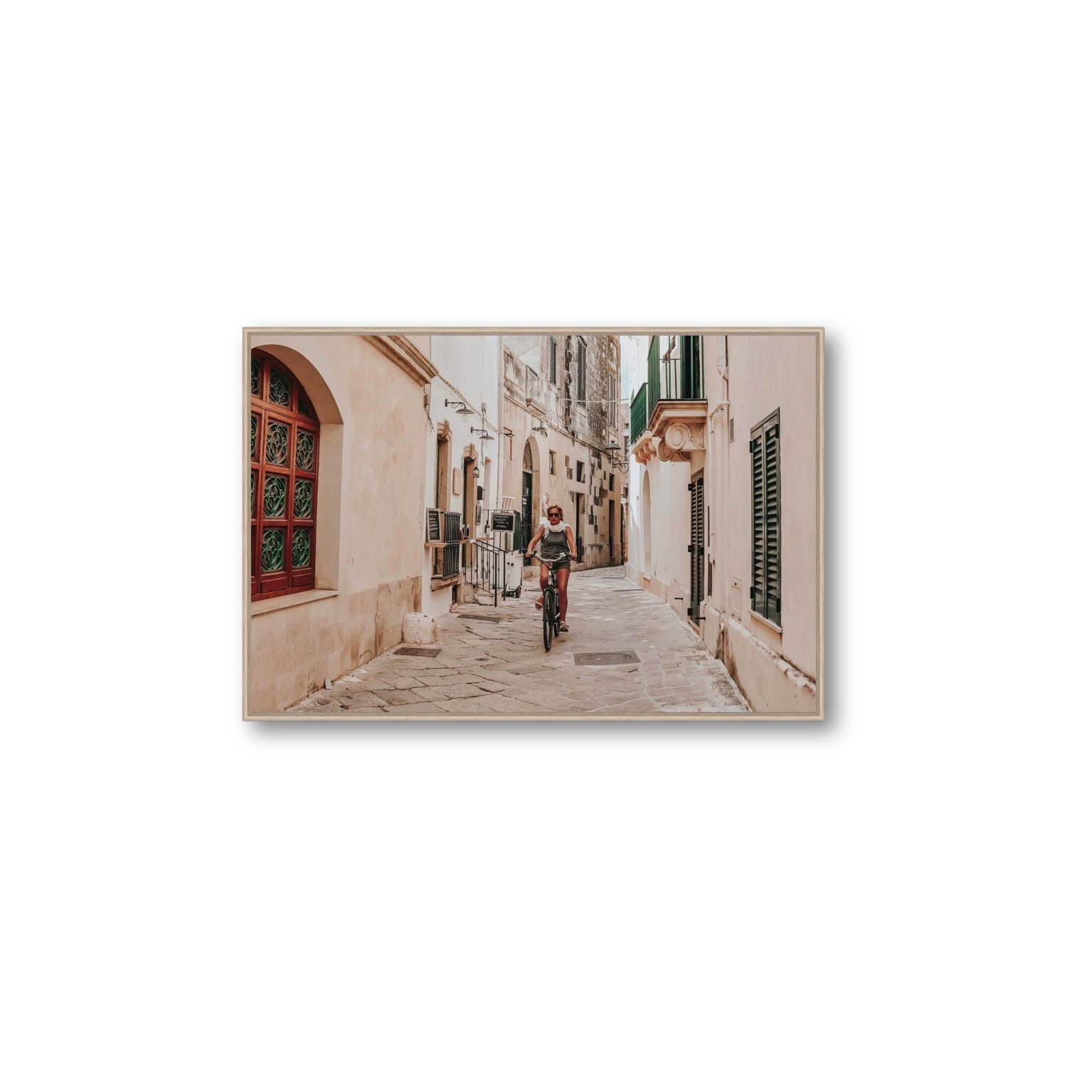 La Donna In Bicicletta Puglia Wall Italian fine art print Large fine art canvas in natural oak float frame