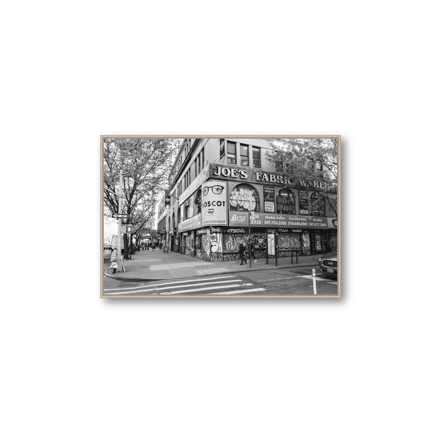 Wall Poetry New York NYC Black & White wall art Large fine art canvas in natural oak float frame