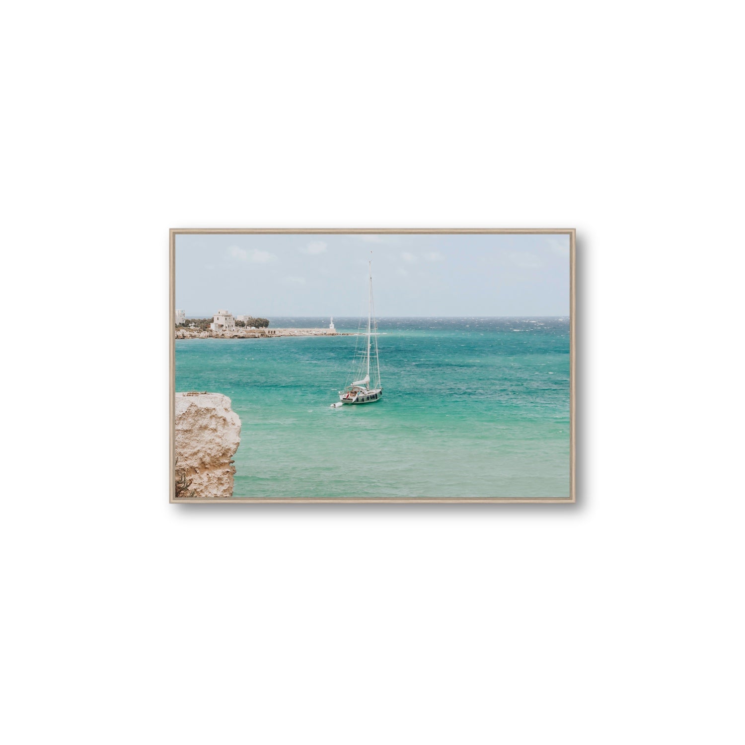 Adriatic Escape Puglia Italian coastal decor wall art Large fine art canvas in natural oak float frame
