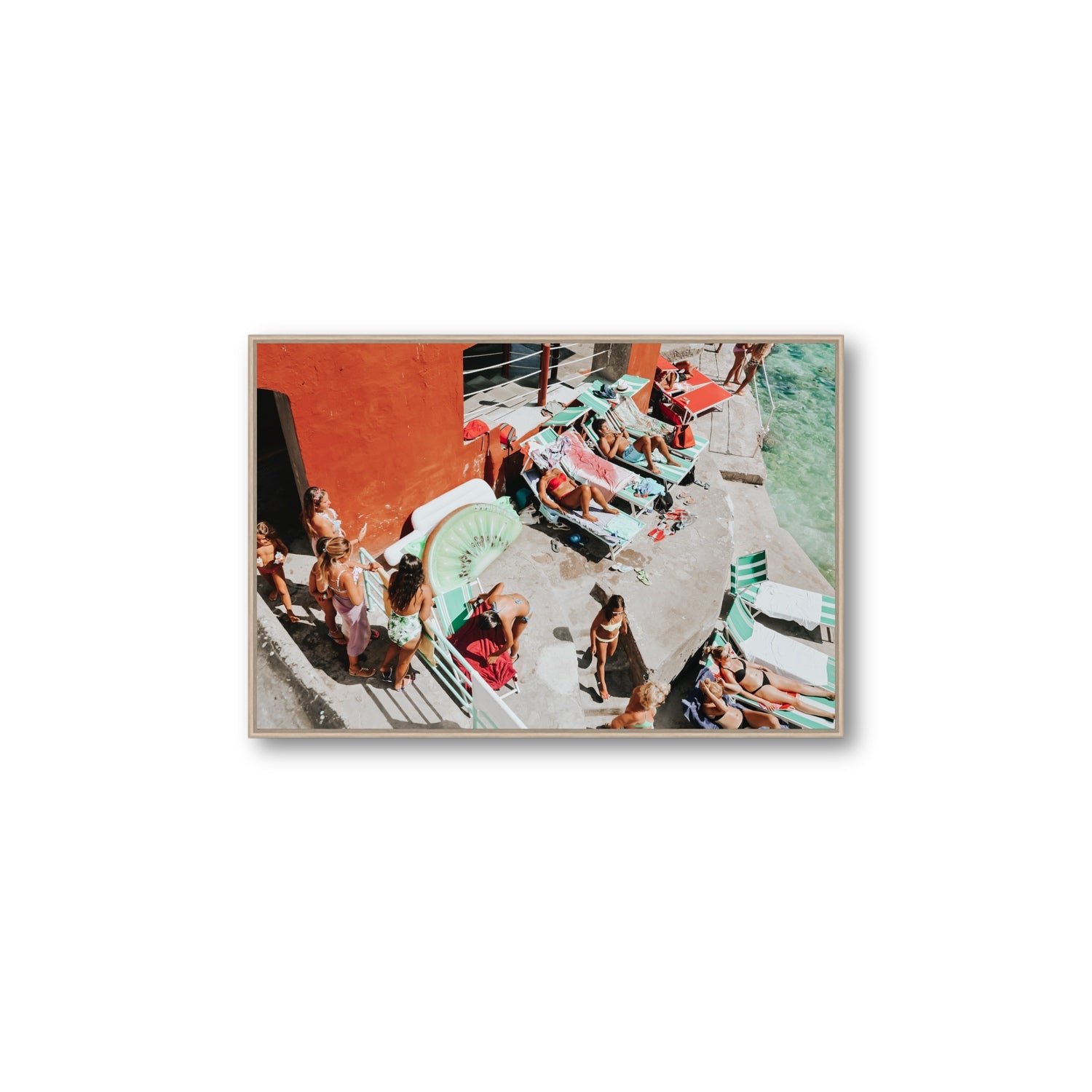 Italianita Capri beach Mediterranean wall art Large fine art canvas in natural oak float frame