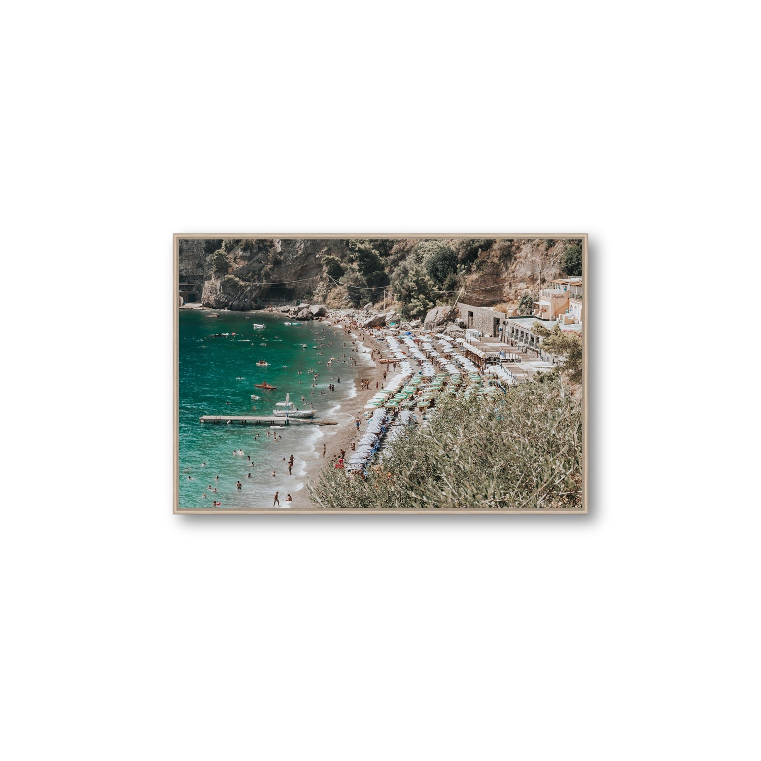 Fornillo Beach fine art print, Positano, Italy, Large, Natural Oak Float Frame, Fine Art Canvas