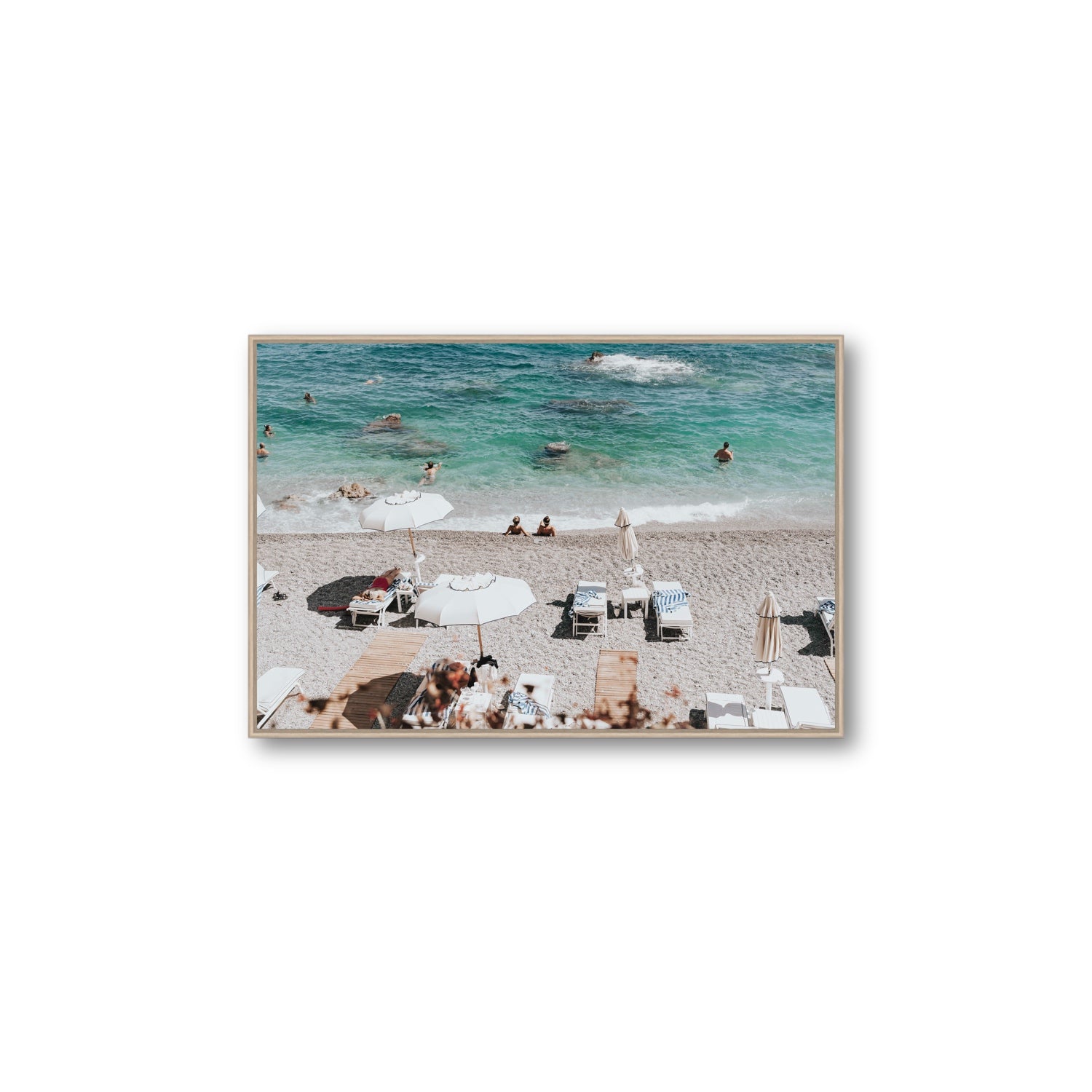 Amicizia Amalfi Italian beach wall art Large fine art canvas in natural oak float frame
