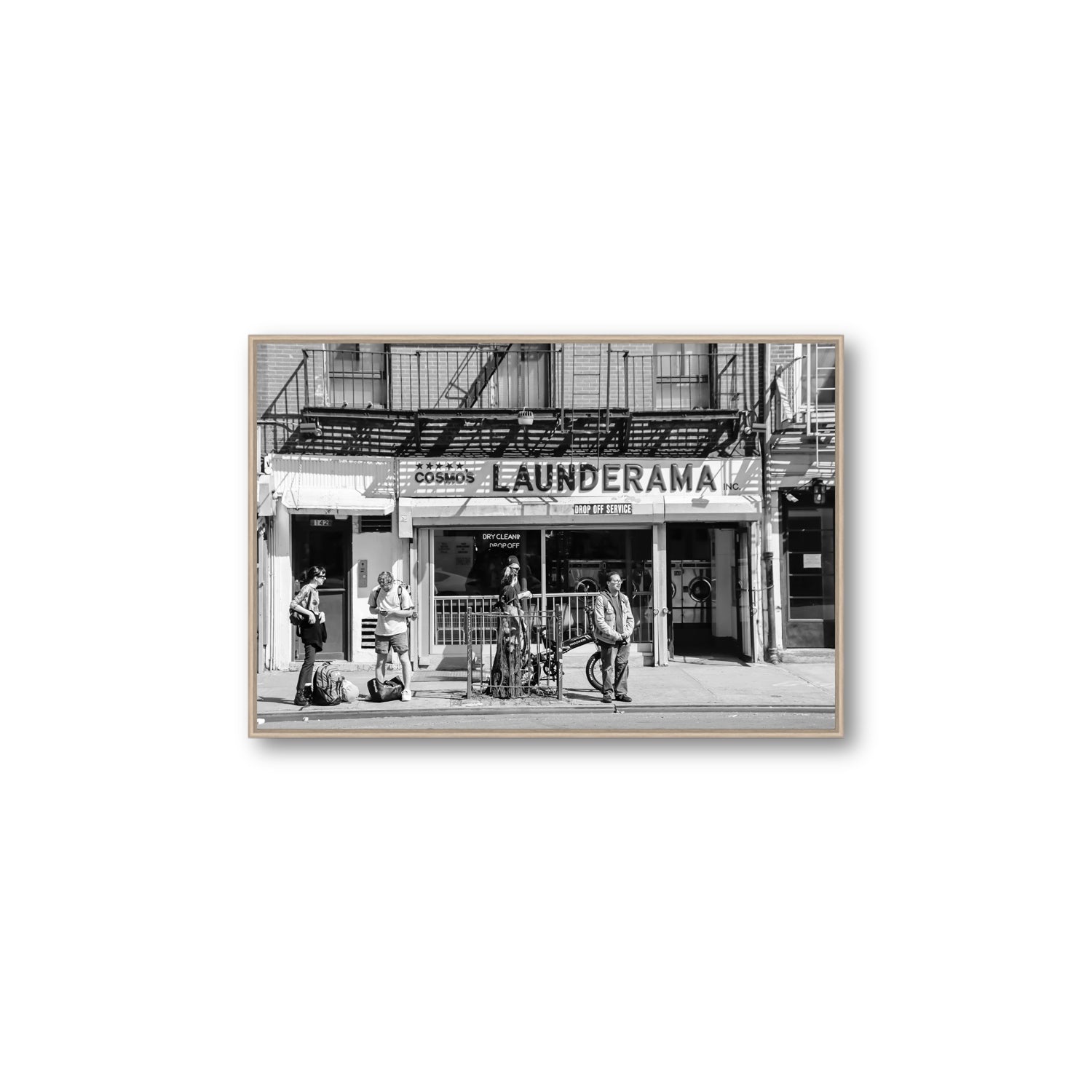 Launderama New York NYC Black & White wall art Large fine art canvas in natural oak float frame