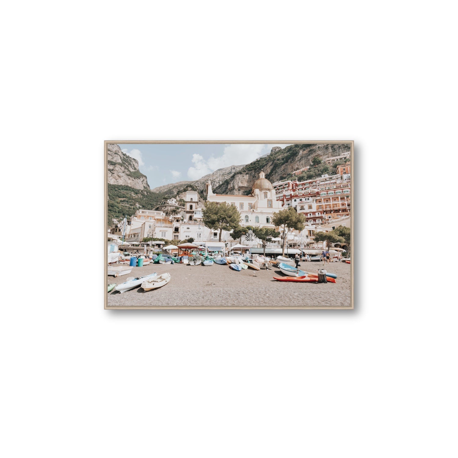 Pastel Paradise fine art print, Positano, Italy, Large, Natural Oak Float Frame, Fine Art Canvas