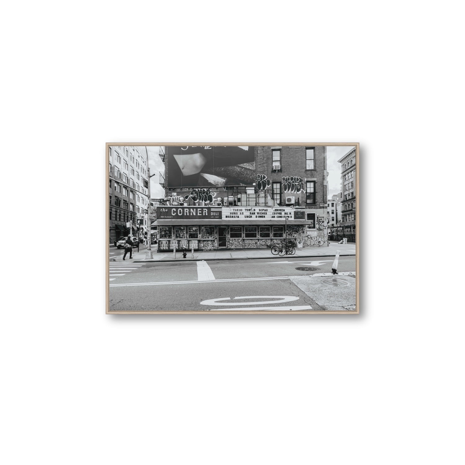 Kenmare Street New York NYC Black & White wall art Large fine art canvas in natural oak float frame