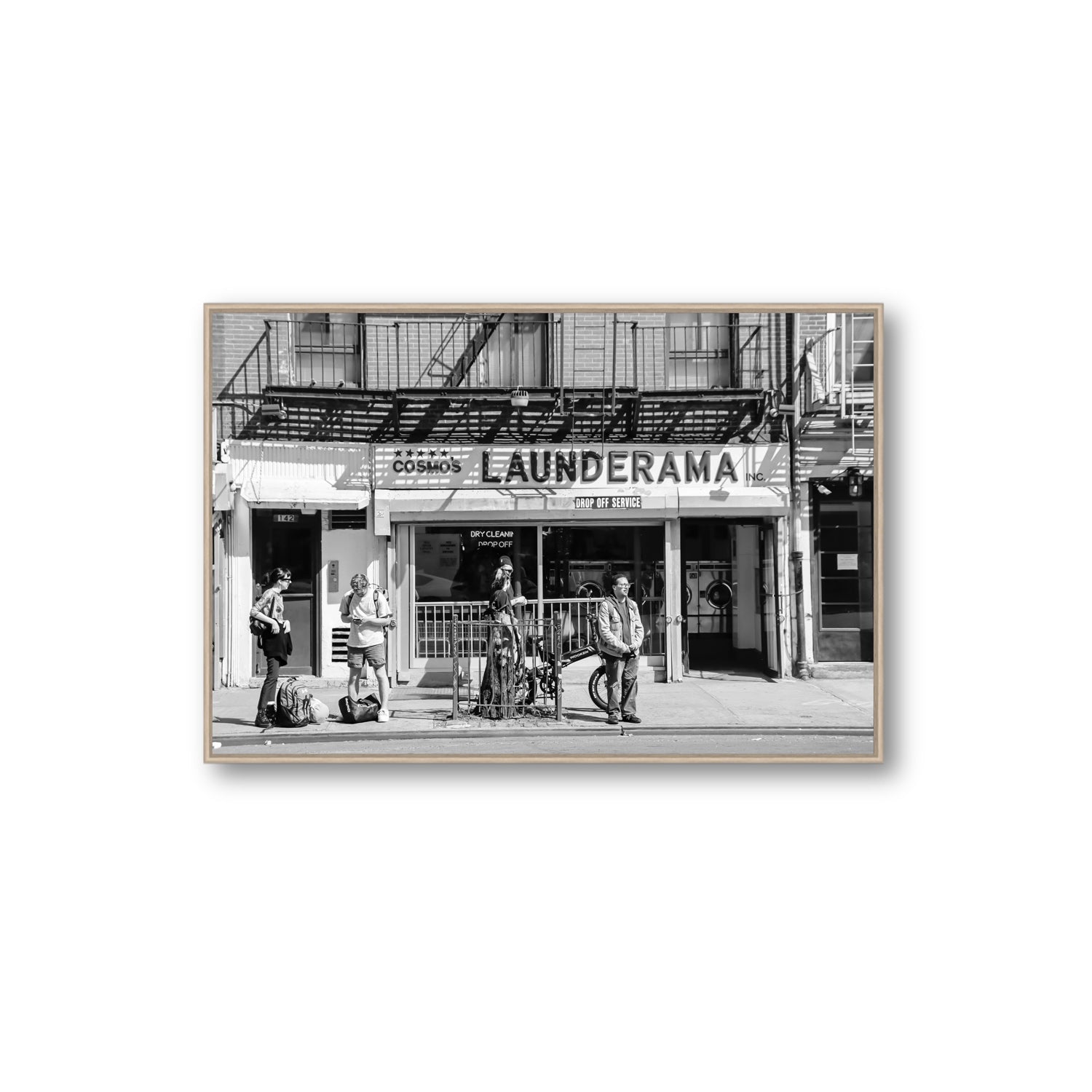 Launderama New York NYC Black & White wall art Extra Large fine art canvas in natural oak float frame
