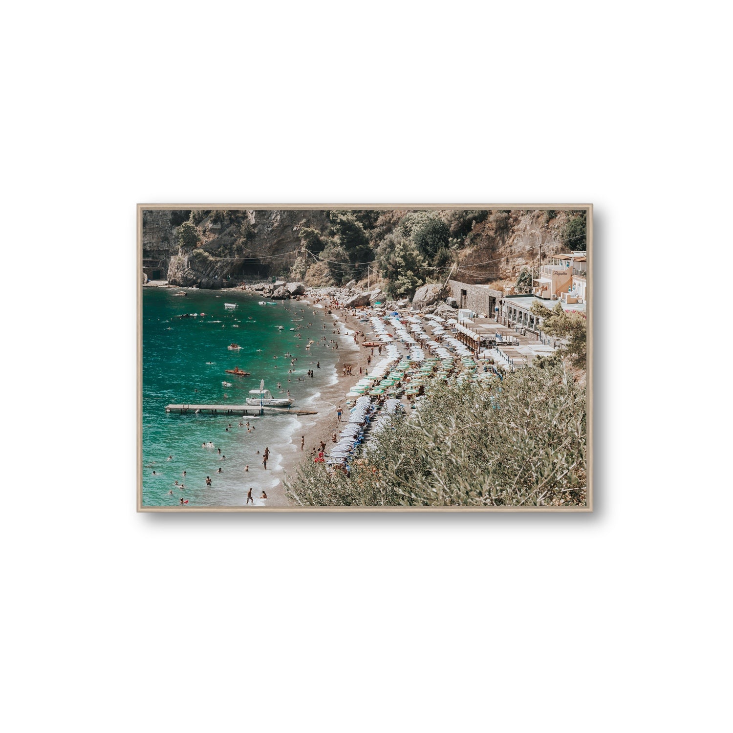 Fornillo Beach fine art print, Positano, Italy, Extra Large, Natural Oak Float Frame, Fine Art Canvas