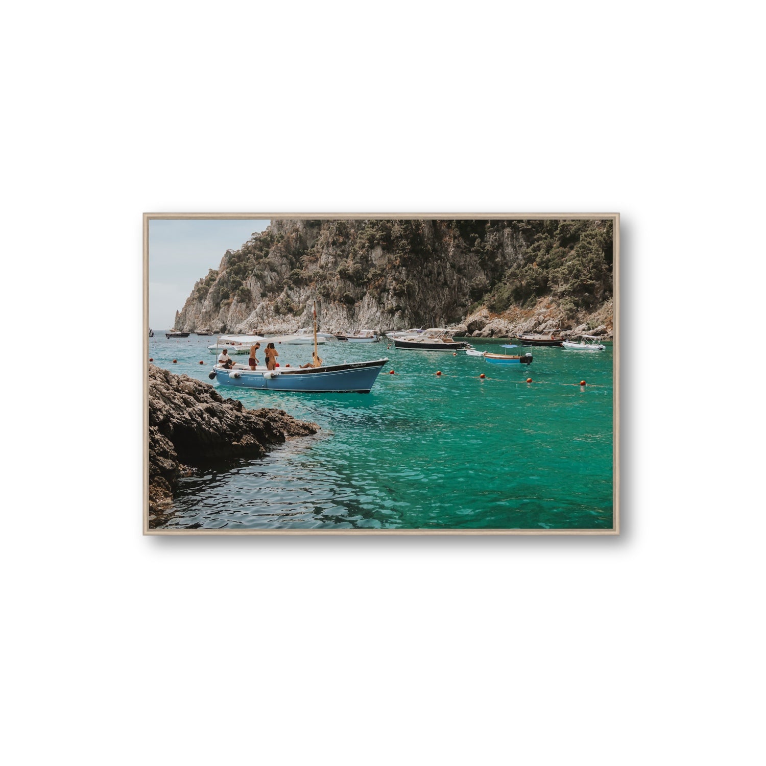 Cozy Cove Capri coastal Mediterranean wall art Extra Large fine art canvas in natural oak float frame