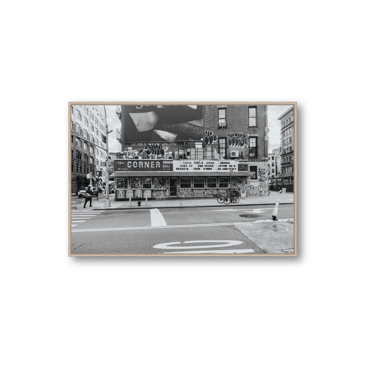 Kenmare Street New York NYC Black & White wall art Extra Large fine art canvas in natural oak float frame