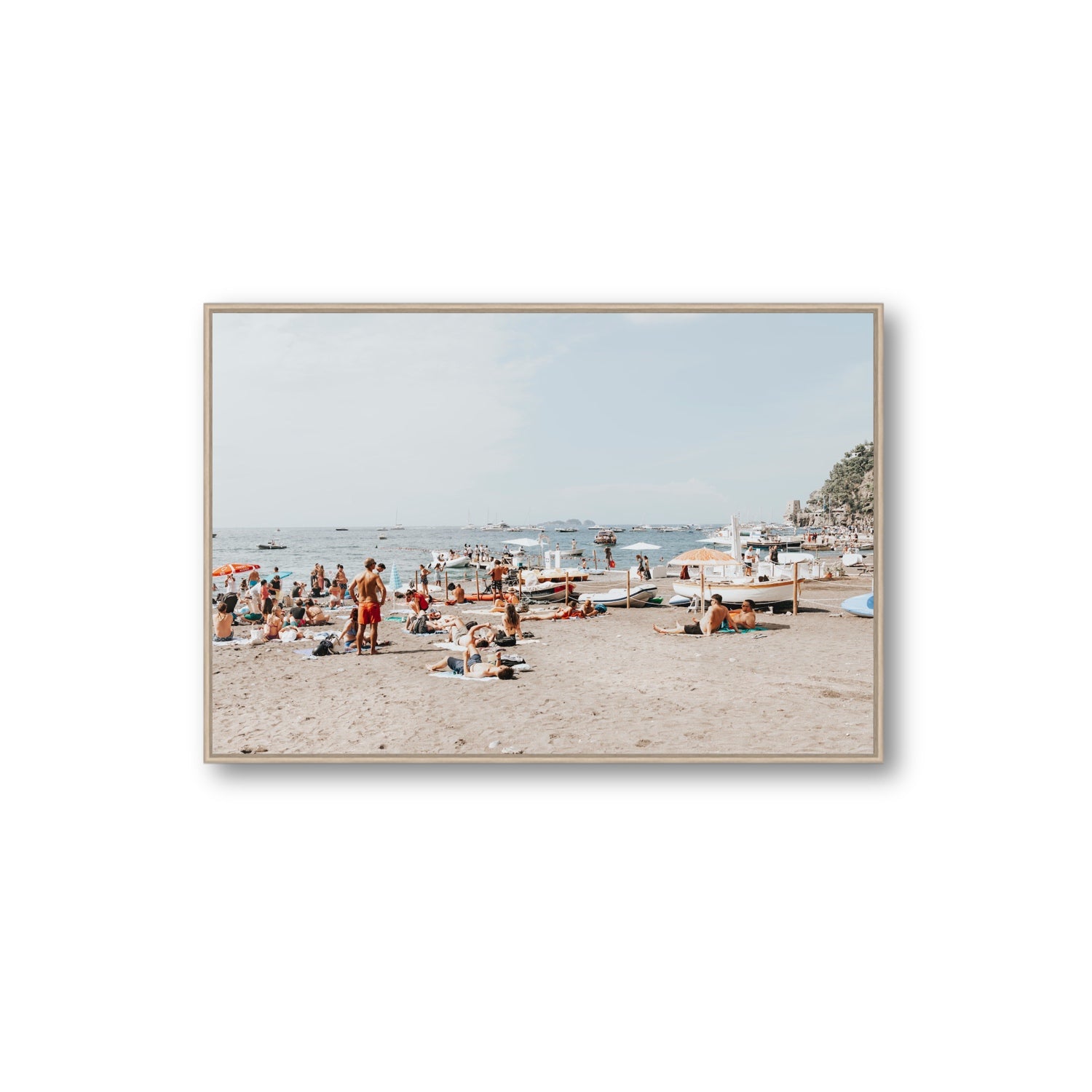 Beachy Vibes fine art print, Positano, Italy, Extra Large, Natural Oak Float Frame, Fine Art Canvas