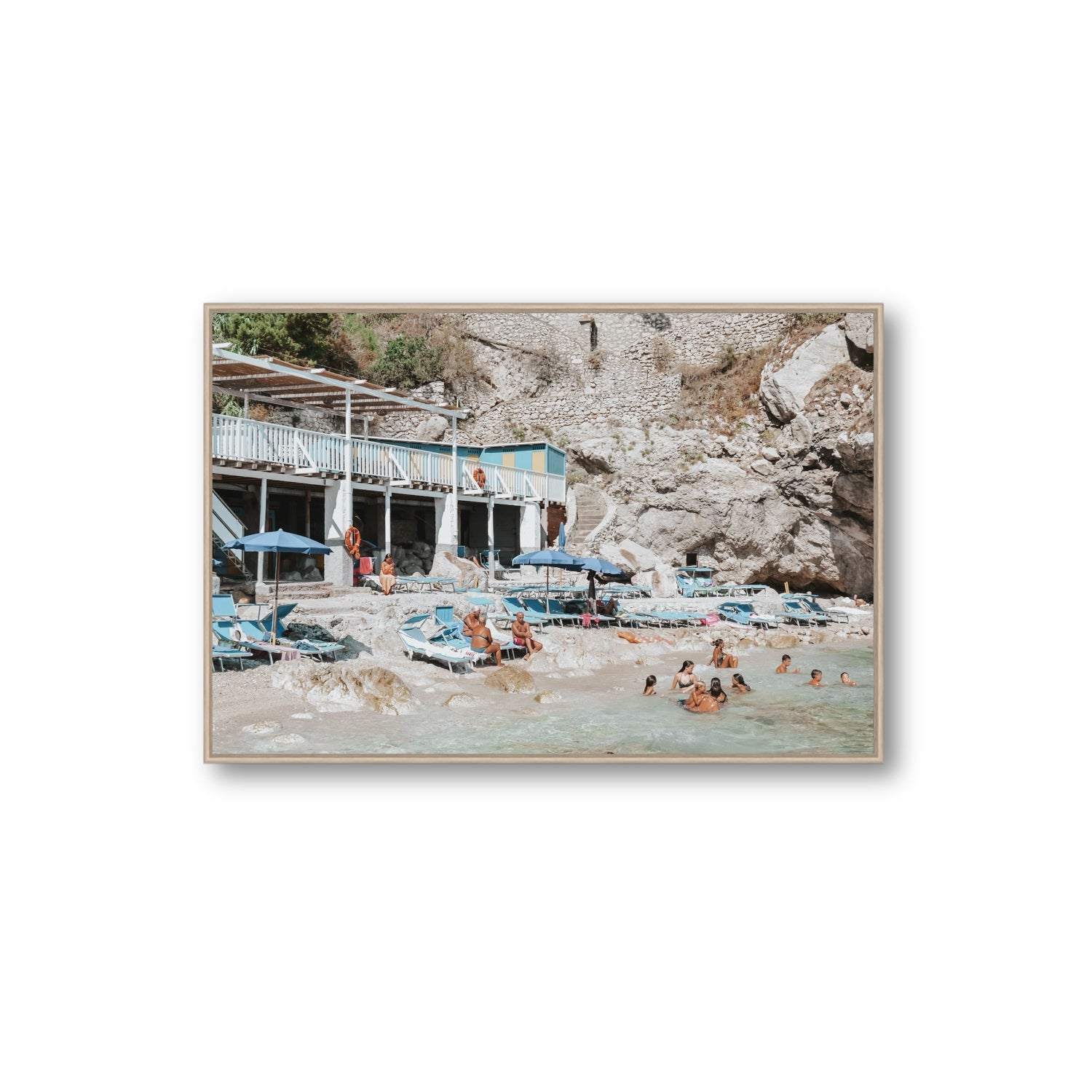 Beachside Bronze fine art print, Capri, Italy, Extra Large, Natural Oak Float Frame, Fine Art Canvas