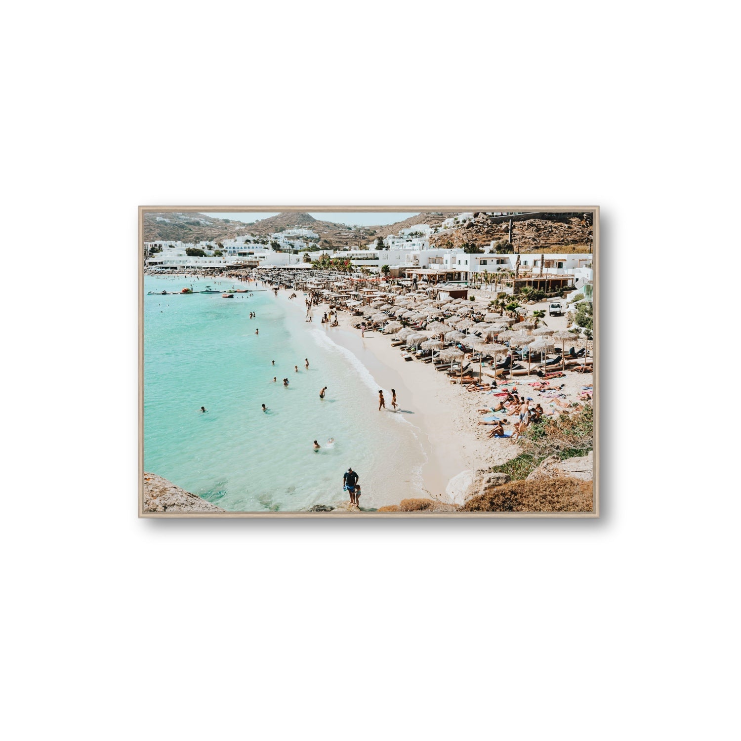 Aquaholic Mykonos Greek island wall art Extra Large fine art canvas in natural oak float frame