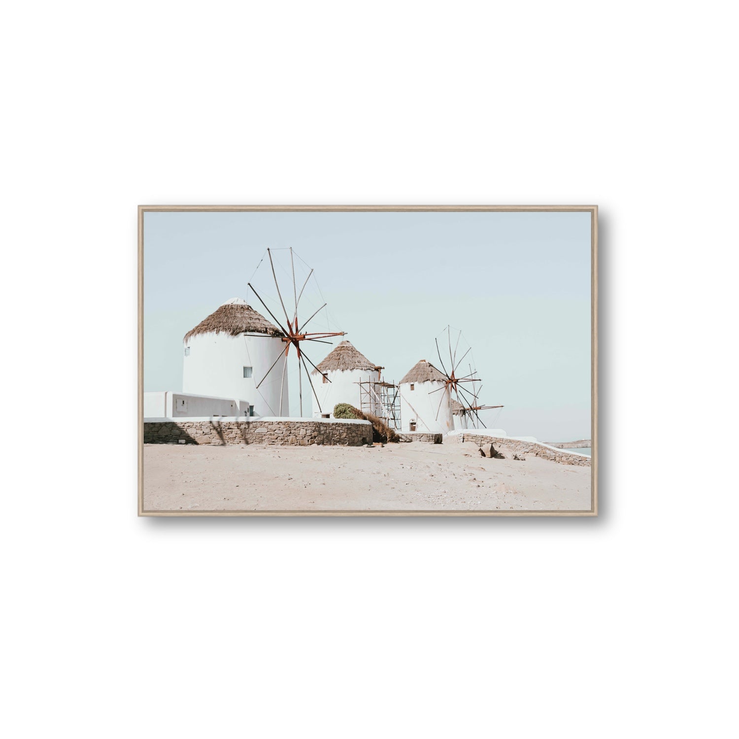 Rustic Icons Mykonos Greek island wall art Extra Large fine art canvas in natural oak float frame