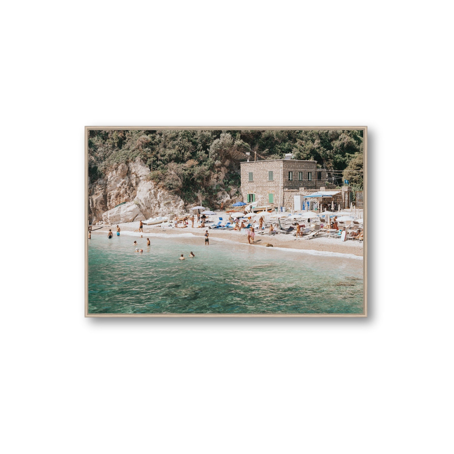 Secluded Sanctuary Nerano Italian Mediterranean decor wall art Extra Large fine art canvas in natural oak float frame