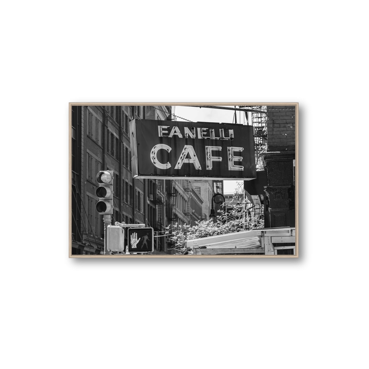 Soho Neon New York NYC Black & White wall art Extra Large fine art canvas in natural oak float frame