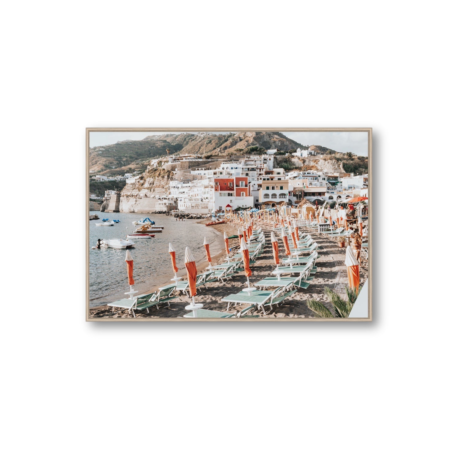Sole Estivo Ischia Italian coastal wall art Extra Large fine art canvas in natural oak float frame