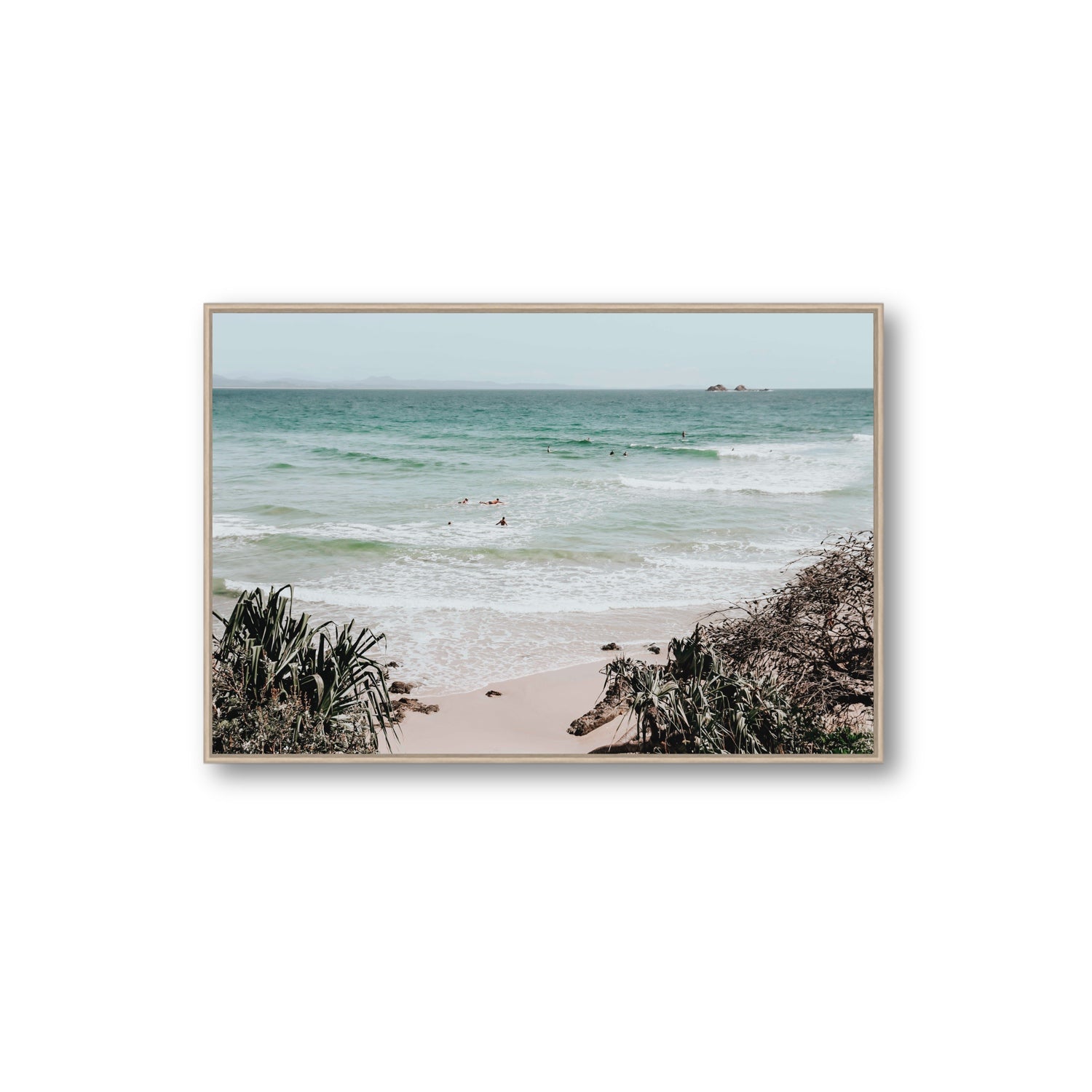 Surf City Byron Bay Surf coastal wall art Extra Large fine art canvas in natural oak float frame