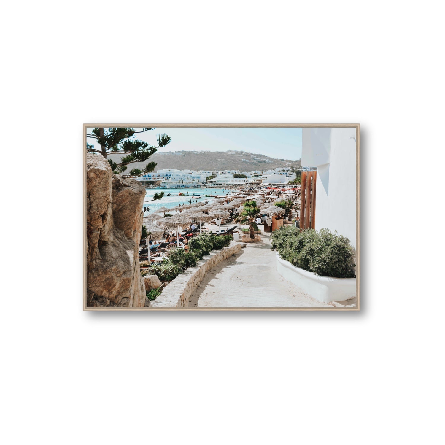 Kalimera Mykonos Greek island wall art Extra Large fine art canvas in natural oak float frame