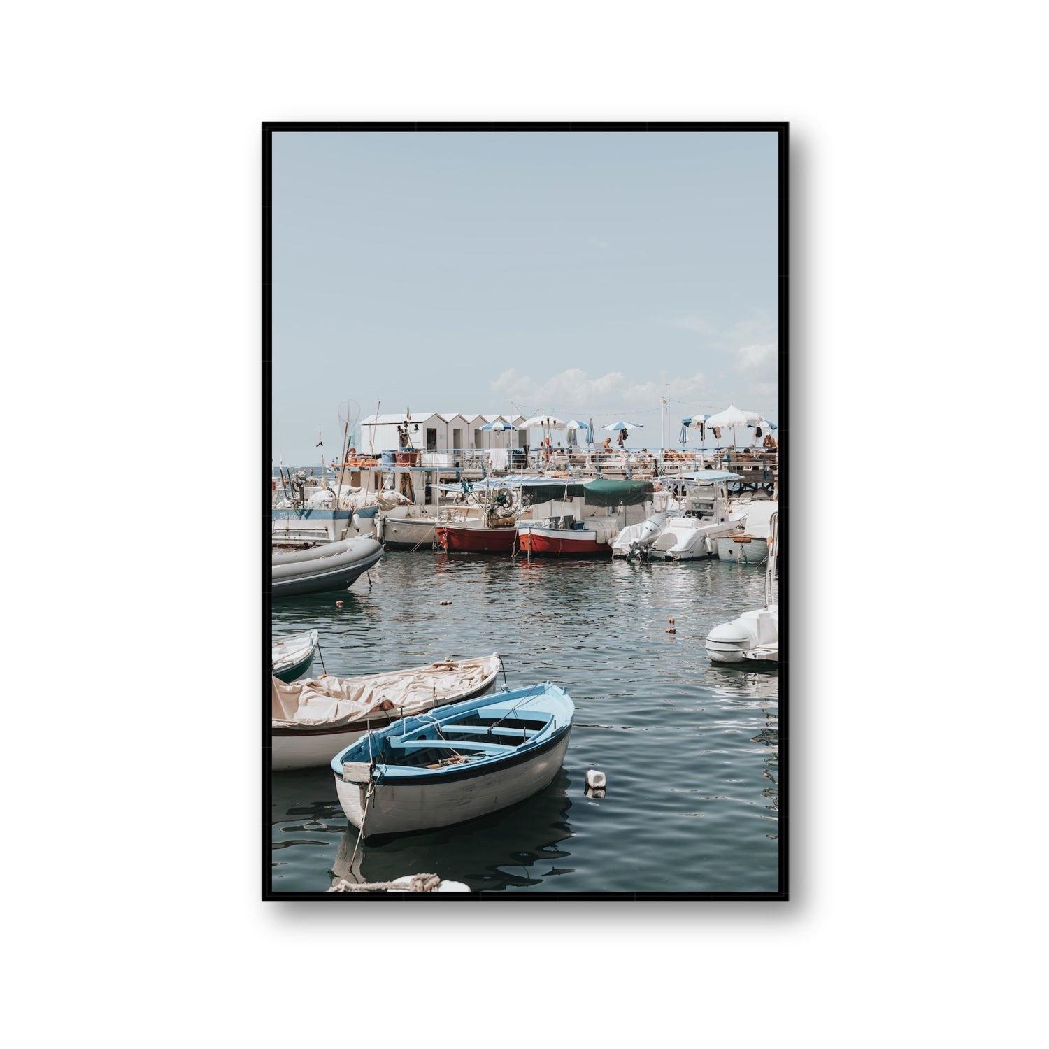 Harbour Hues Sorrento coastal Carousel wall art Gallery fine art canvas in black float frame