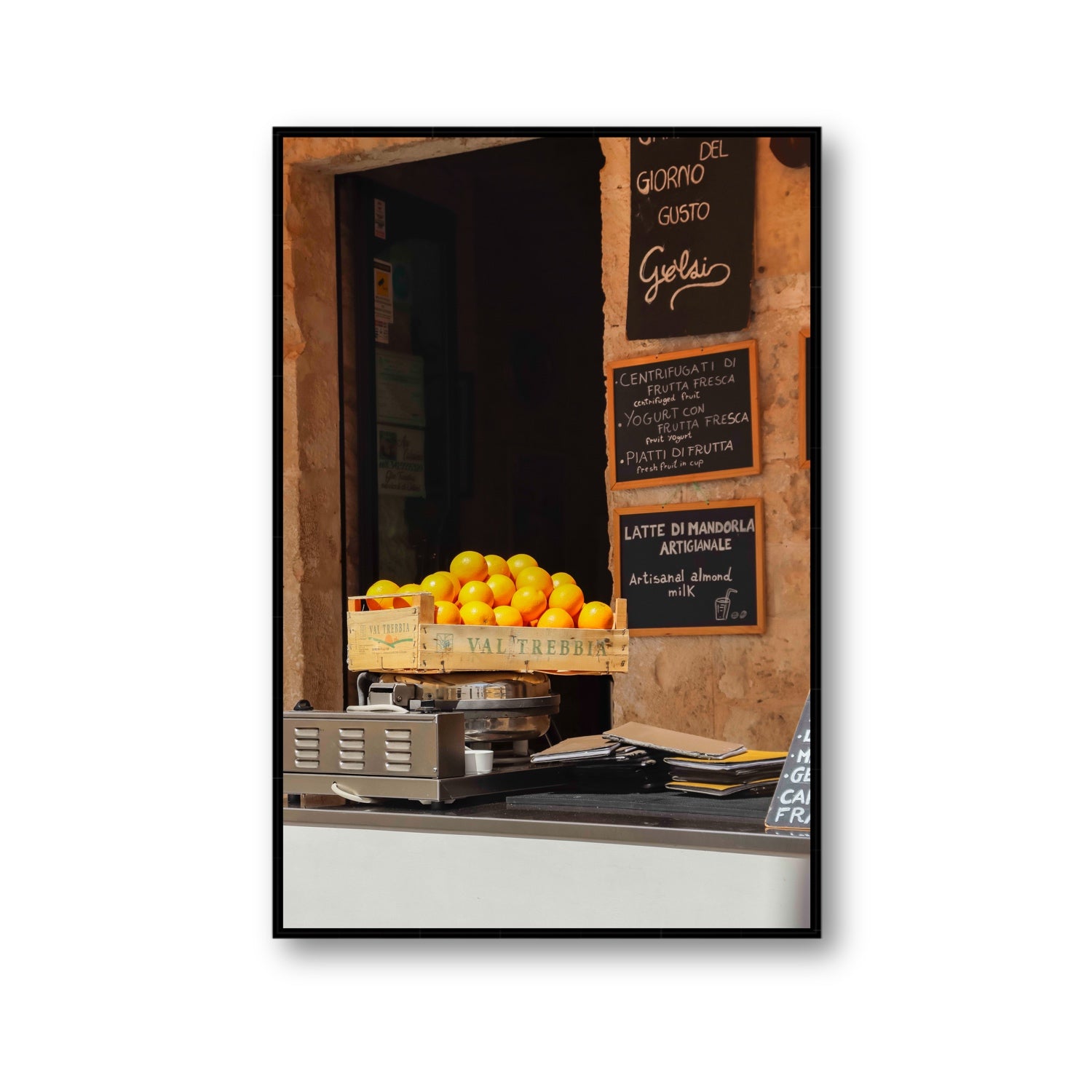 Luminous Citrus Puglia Ostuni Italian wall art Gallery fine art canvas in black float frame