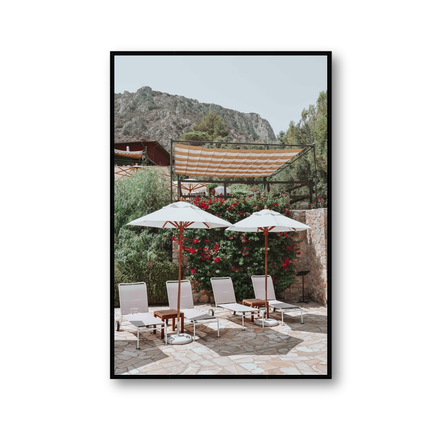 Shades of Leisure Tuscany coastal Italian wall art Gallery fine art canvas in black float frame