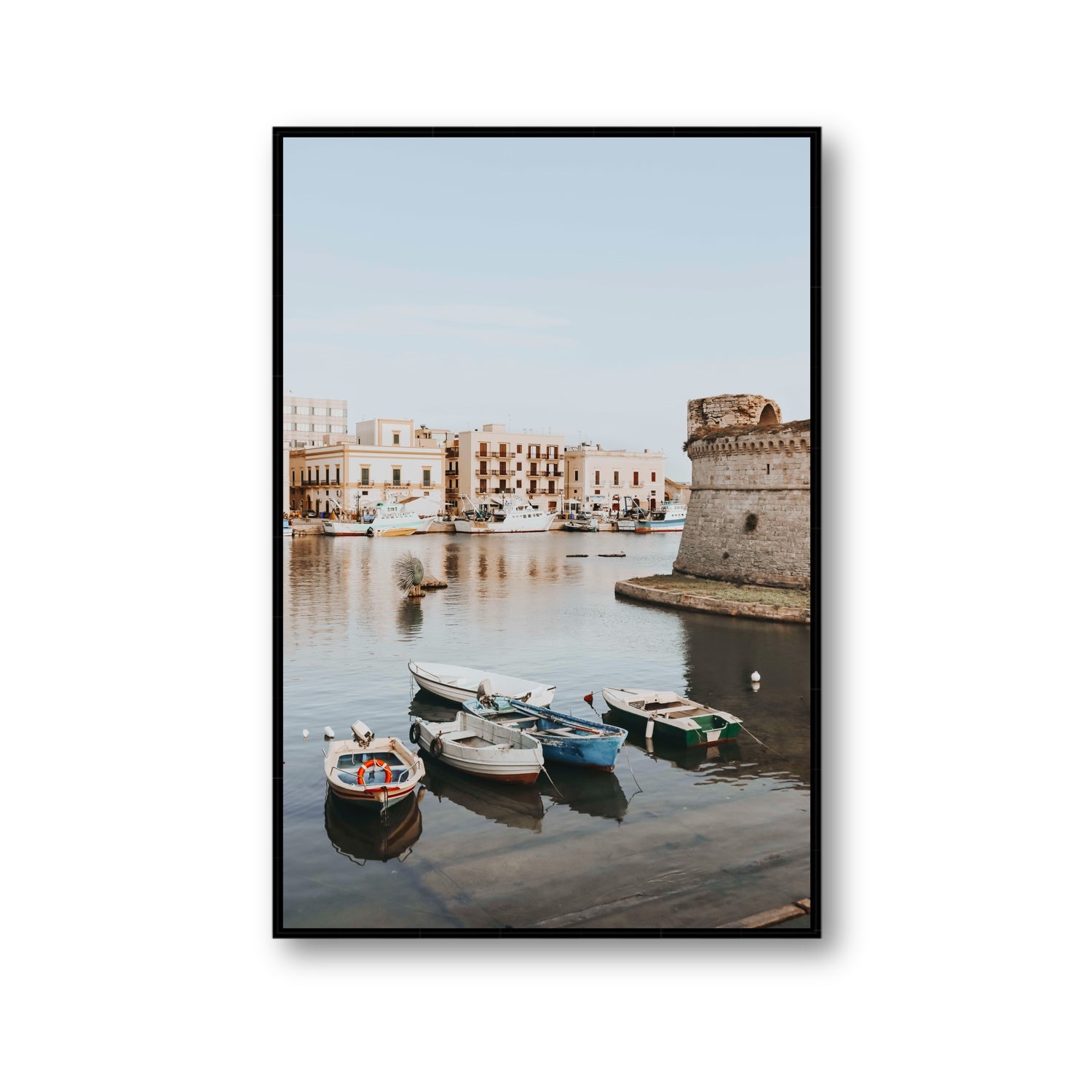 Gallipoli Harbour Puglia coastal wall art Gallery fine art canvas in black float frame