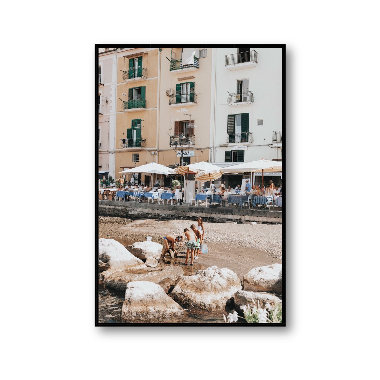 Sunny Playtime Sorrento coastal wall art Gallery fine art canvas in black float frame
