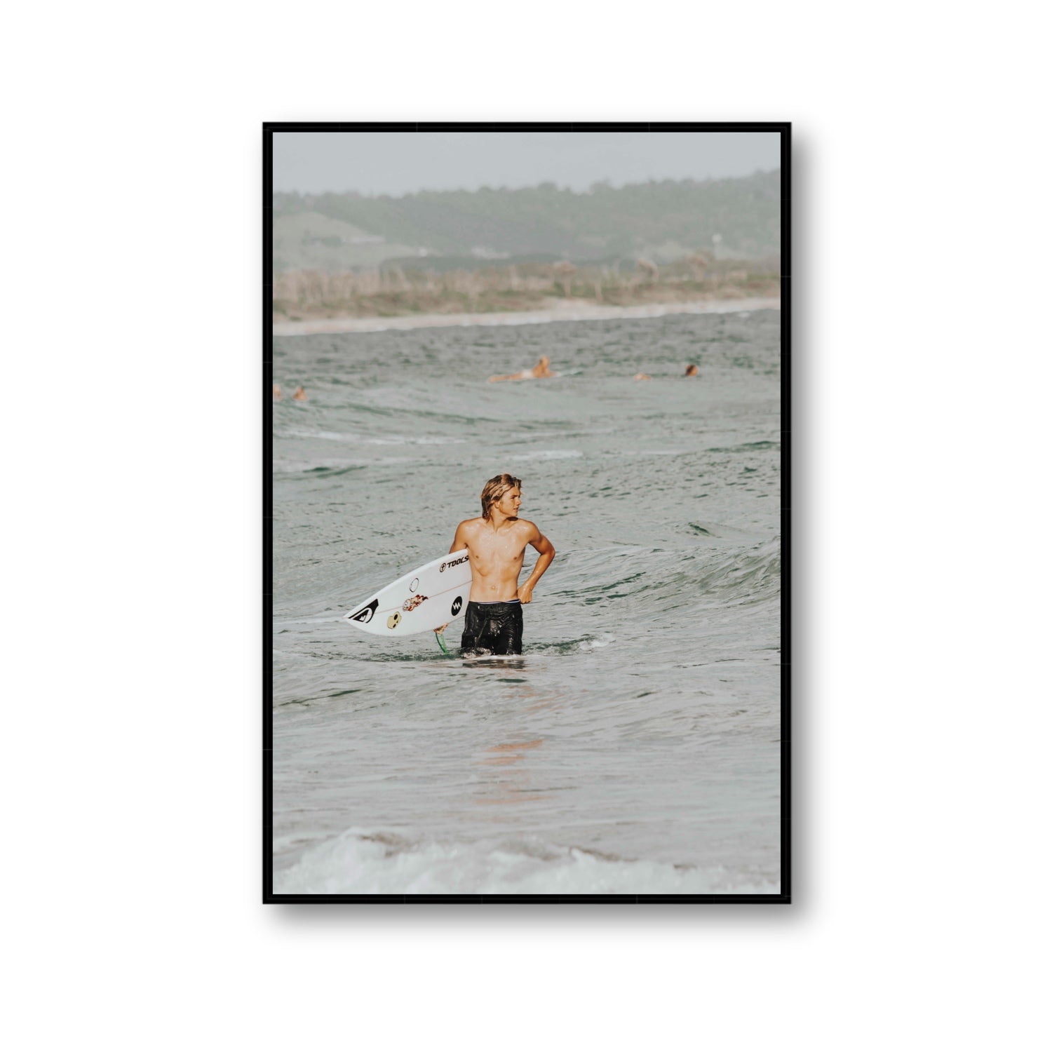 Chasing Mavericks Byron Bay Surf coastal wall art Gallery fine art canvas in black float frame