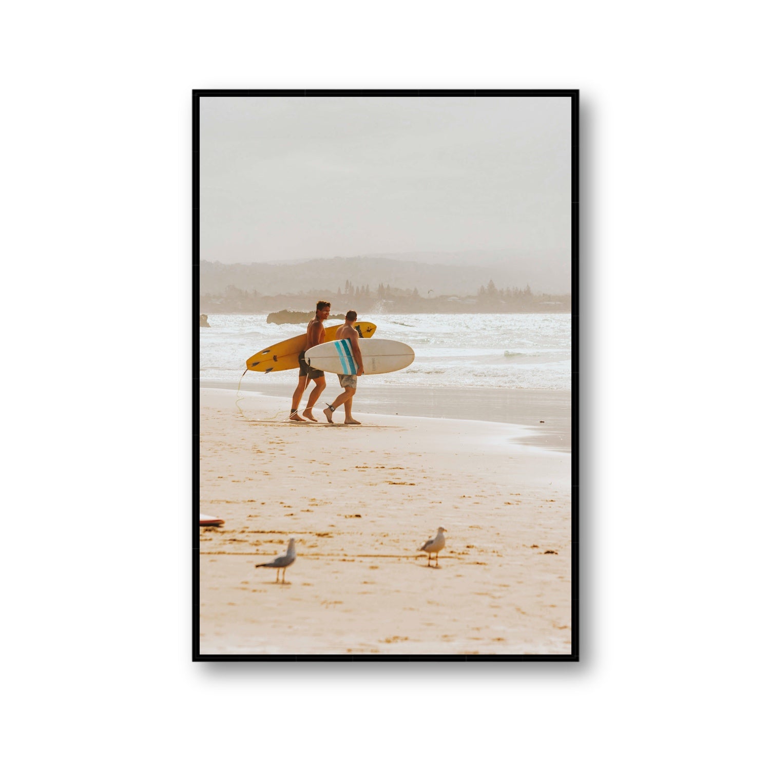 Shane & Benji Byron Bay Surf coastal wall art Gallery fine art canvas in black float frame