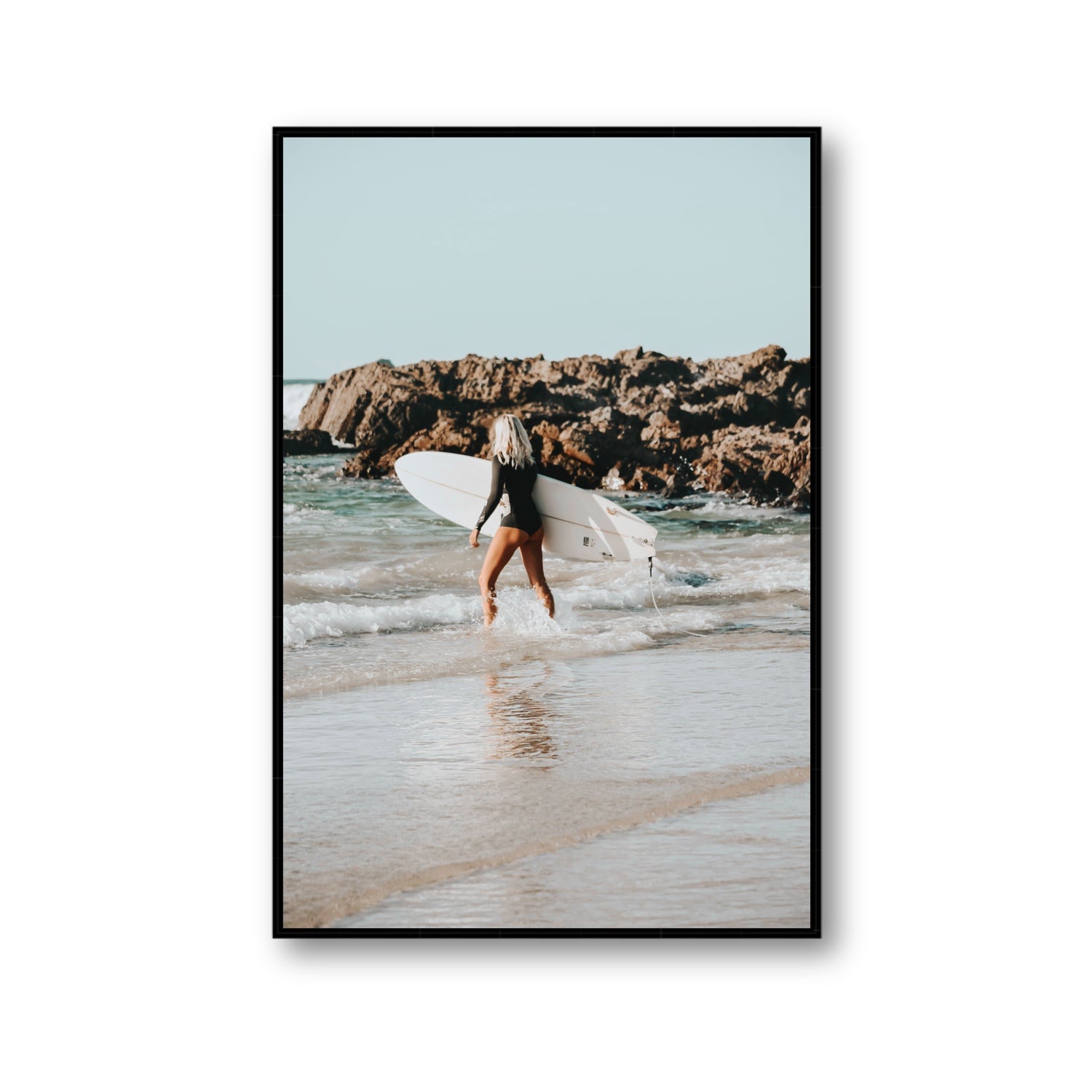Bethany Byron Bay Surf coastal decor wall art Gallery fine art canvas in black float frame