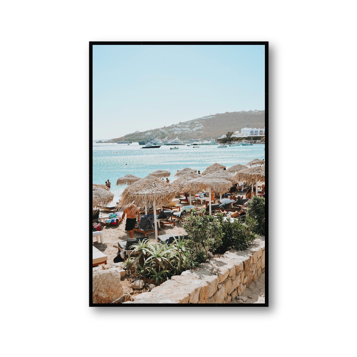 Beachside Huts Mykonos Greek island wall art Gallery fine art canvas in black float frame