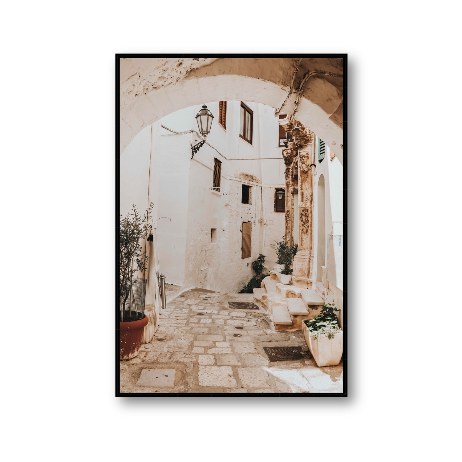 Pathway Wander Puglia Ostuni wall art Gallery fine art canvas in black float frame