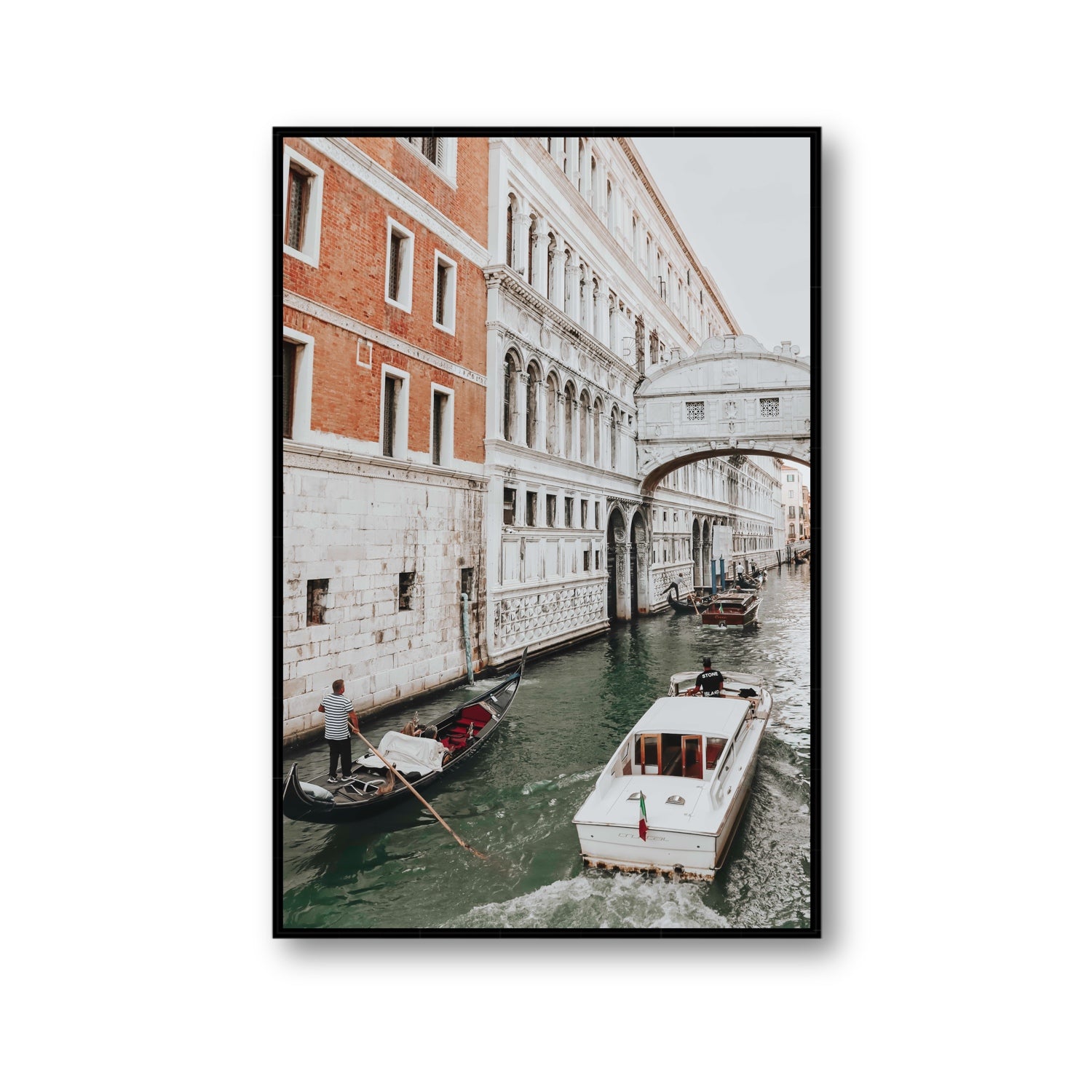 Under the Bridge Venice Gondola Italian wall art Gallery fine art canvas in black float frame